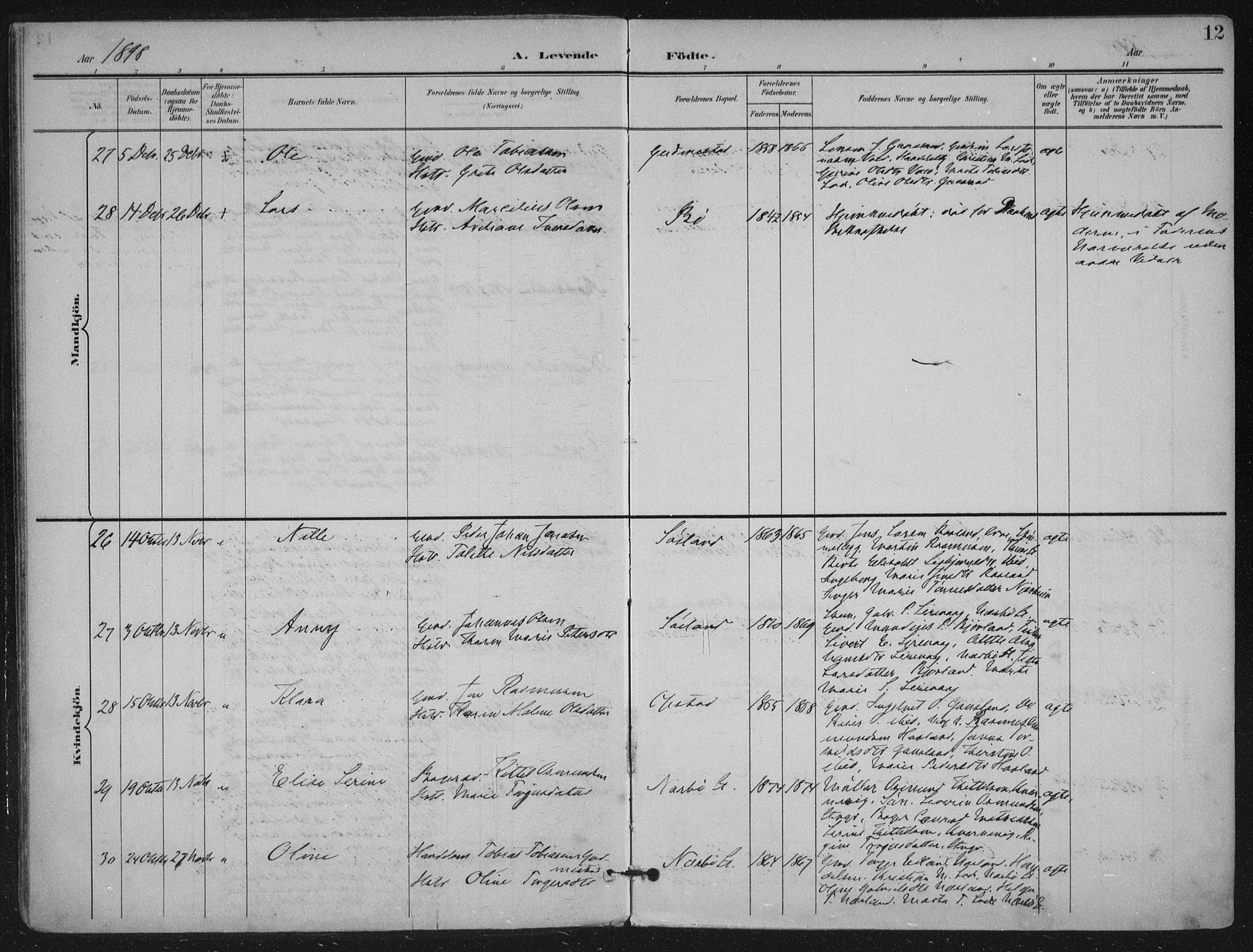 Hå sokneprestkontor, SAST/A-101801/002/B/L0001: Parish register (official) no. A 11, 1897-1924, p. 12