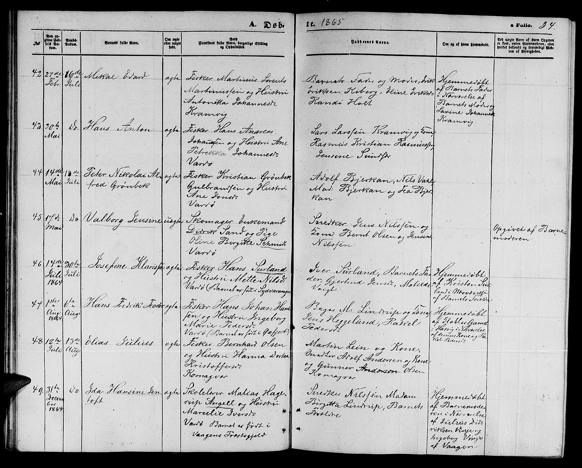 Vardø sokneprestkontor, AV/SATØ-S-1332/H/Hb/L0002klokker: Parish register (copy) no. 2, 1861-1870, p. 34