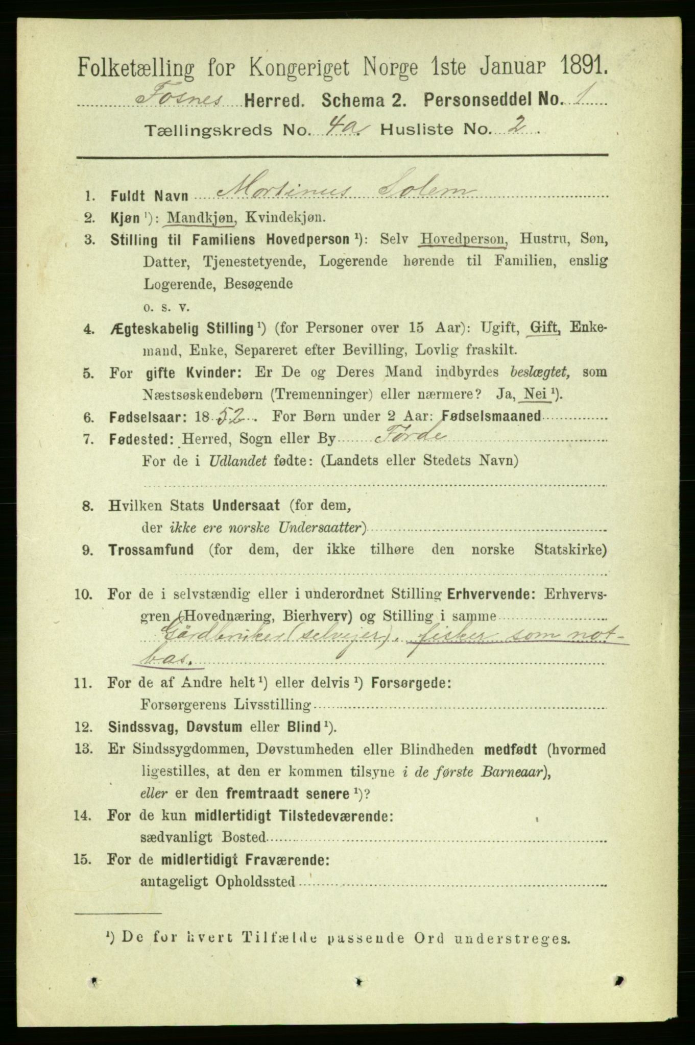 RA, 1891 census for 1748 Fosnes, 1891, p. 1391