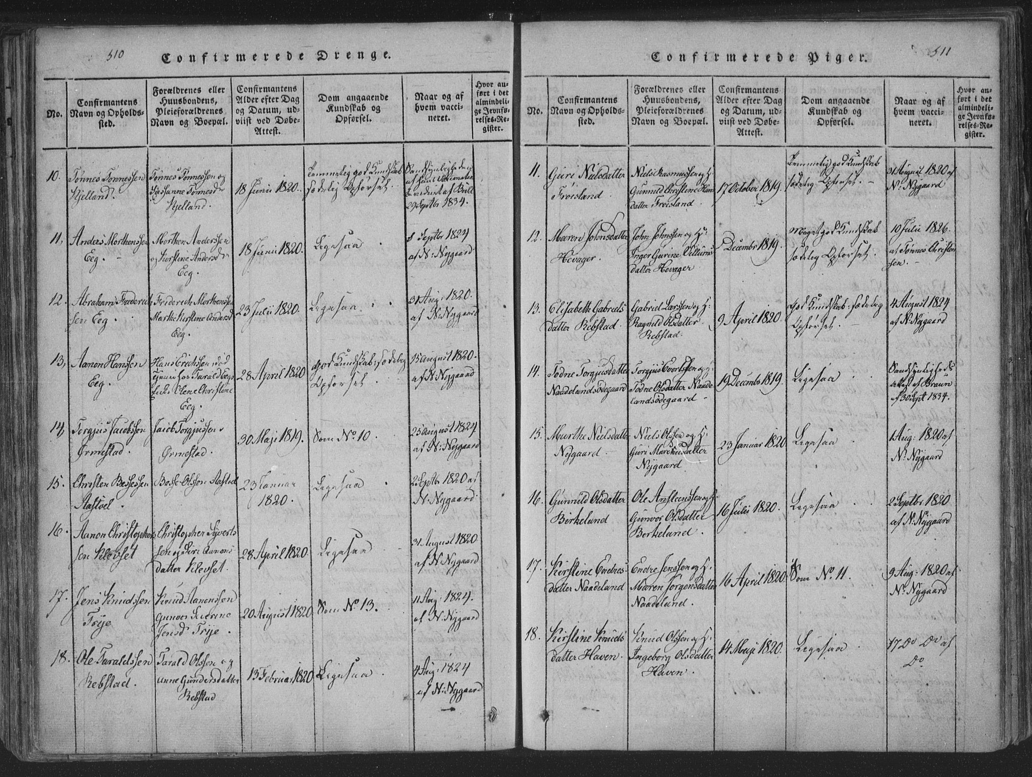 Søgne sokneprestkontor, AV/SAK-1111-0037/F/Fa/Fab/L0008: Parish register (official) no. A 8, 1821-1838, p. 510-511