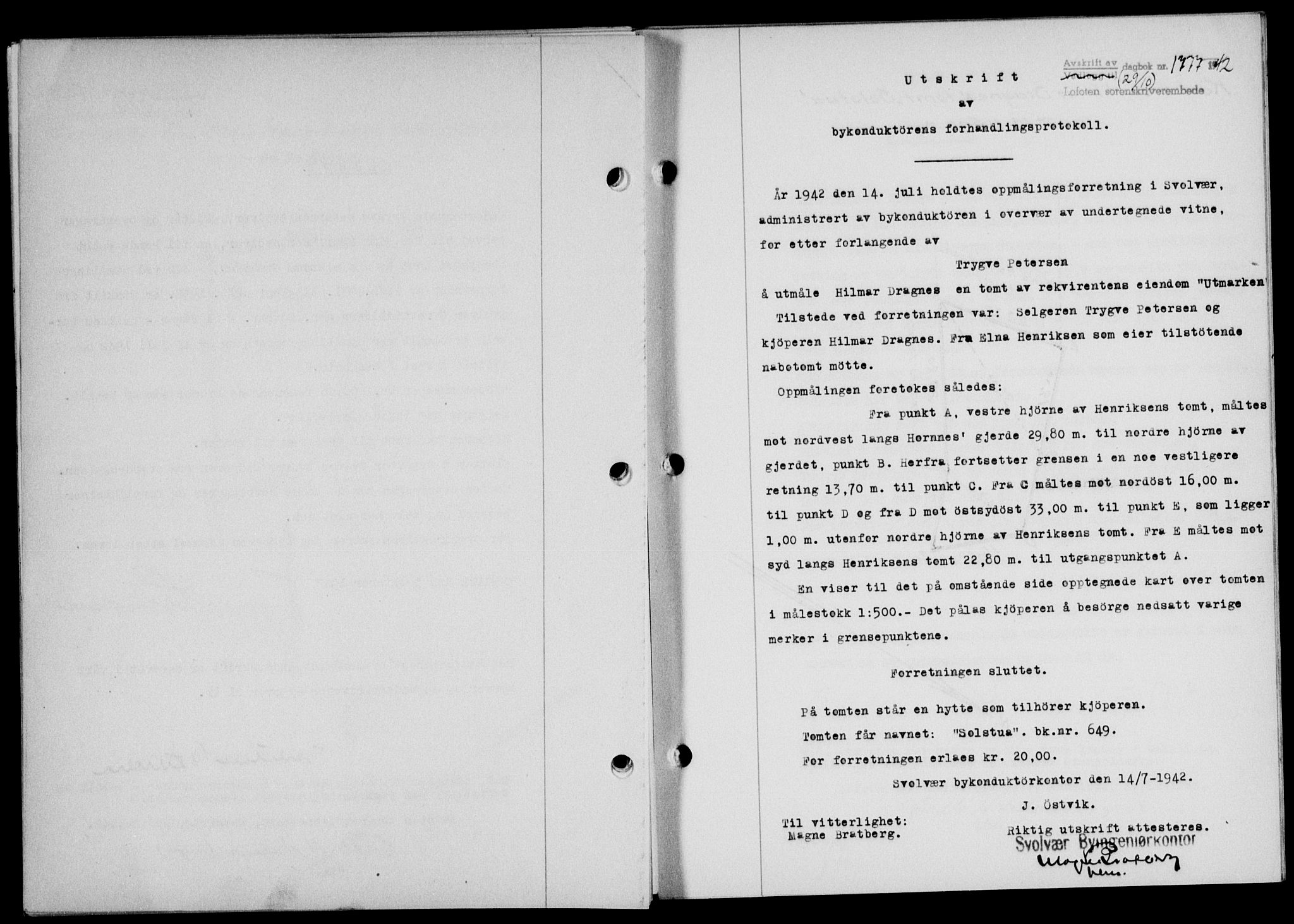 Lofoten sorenskriveri, SAT/A-0017/1/2/2C/L0010a: Mortgage book no. 10a, 1942-1943, Diary no: : 1777/1942