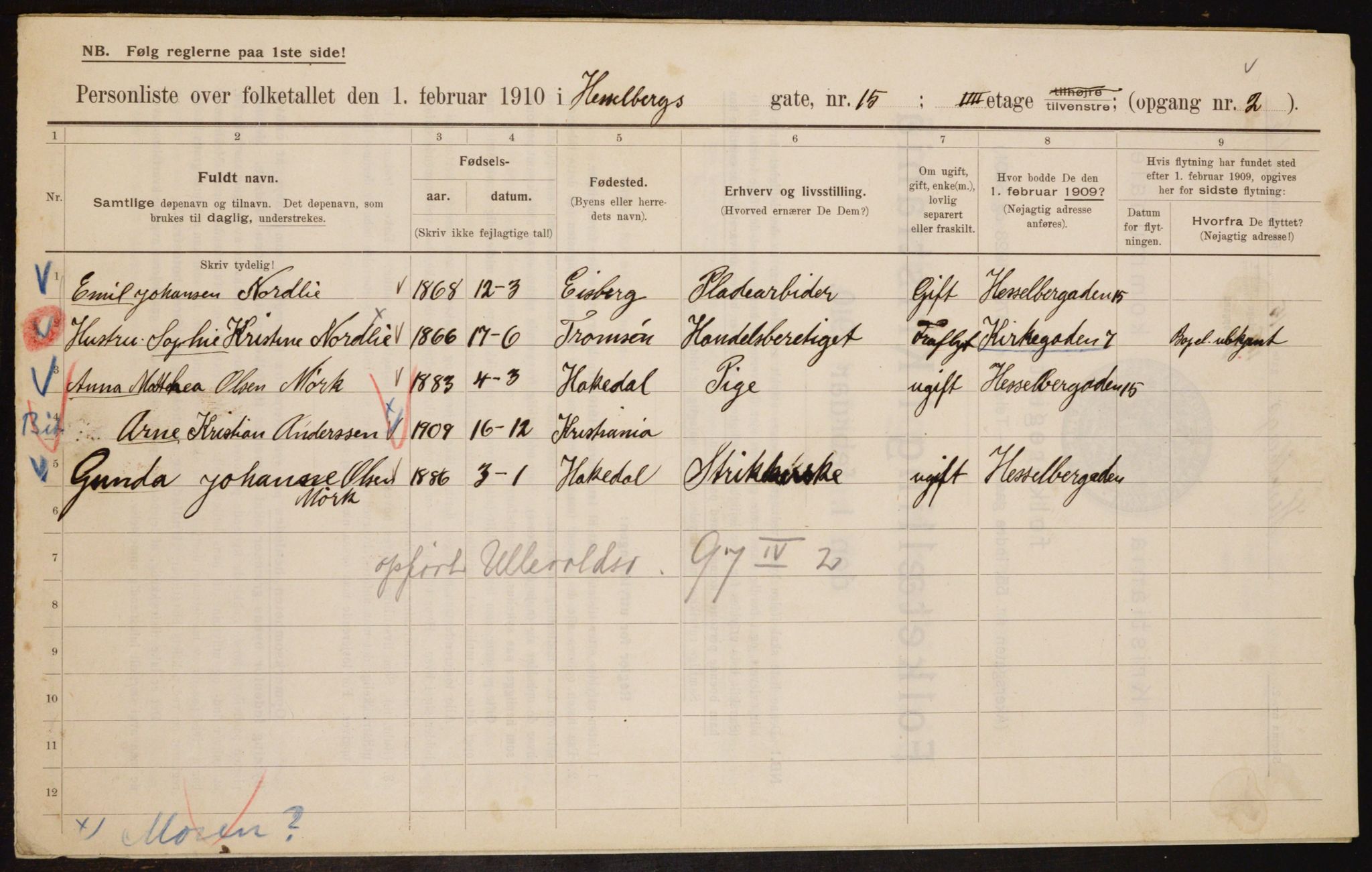 OBA, Municipal Census 1910 for Kristiania, 1910, p. 39397