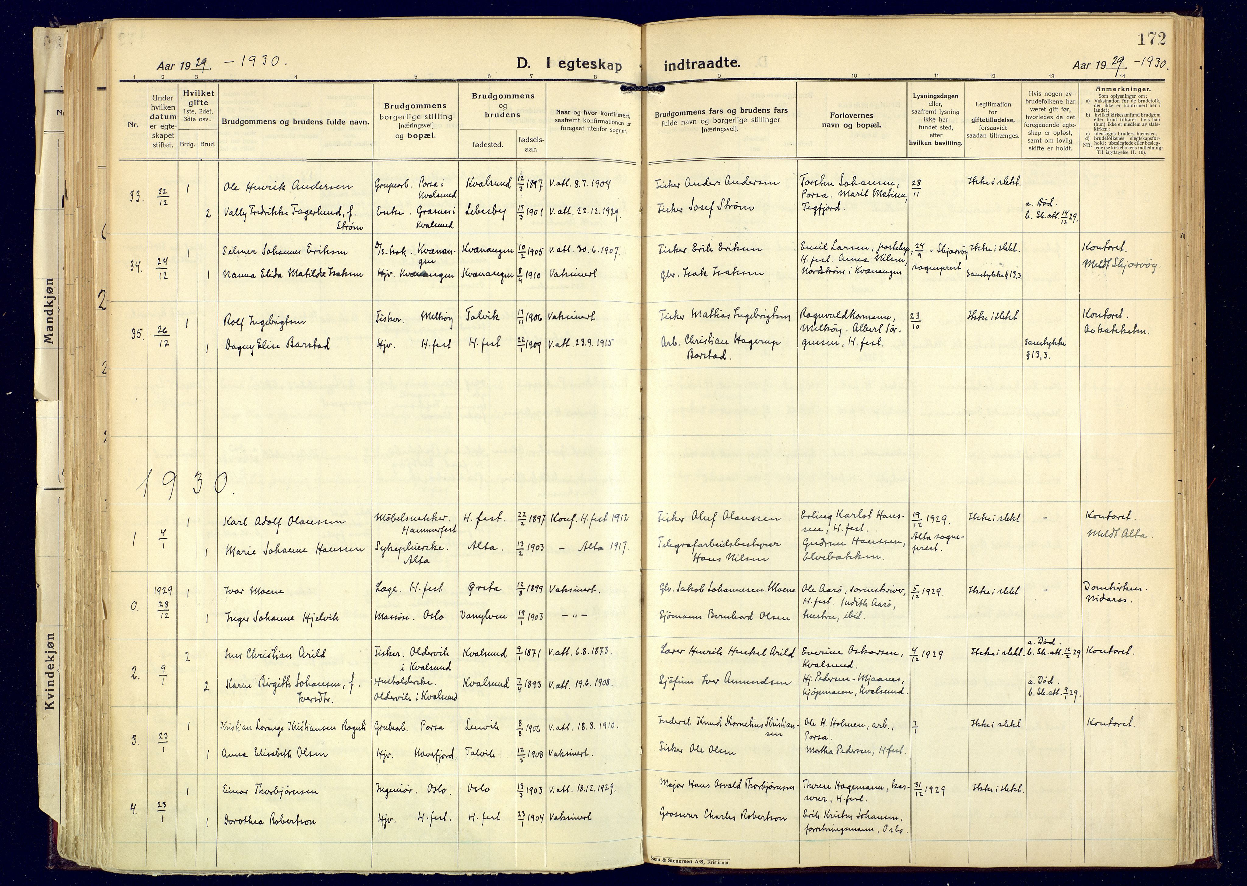 Hammerfest sokneprestkontor, AV/SATØ-S-1347/H/Ha/L0017.kirke: Parish register (official) no. 17, 1923-1933, p. 172