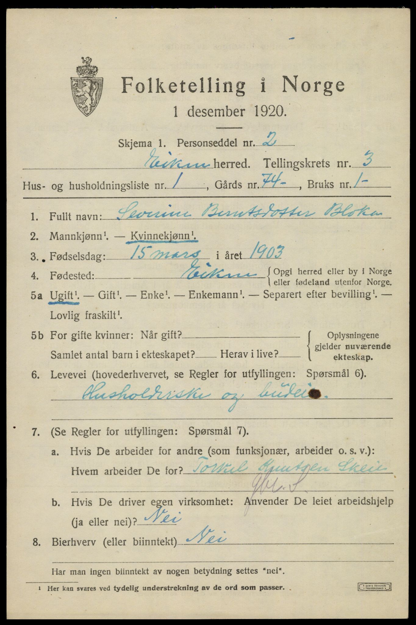 SAK, 1920 census for Eiken, 1920, p. 939