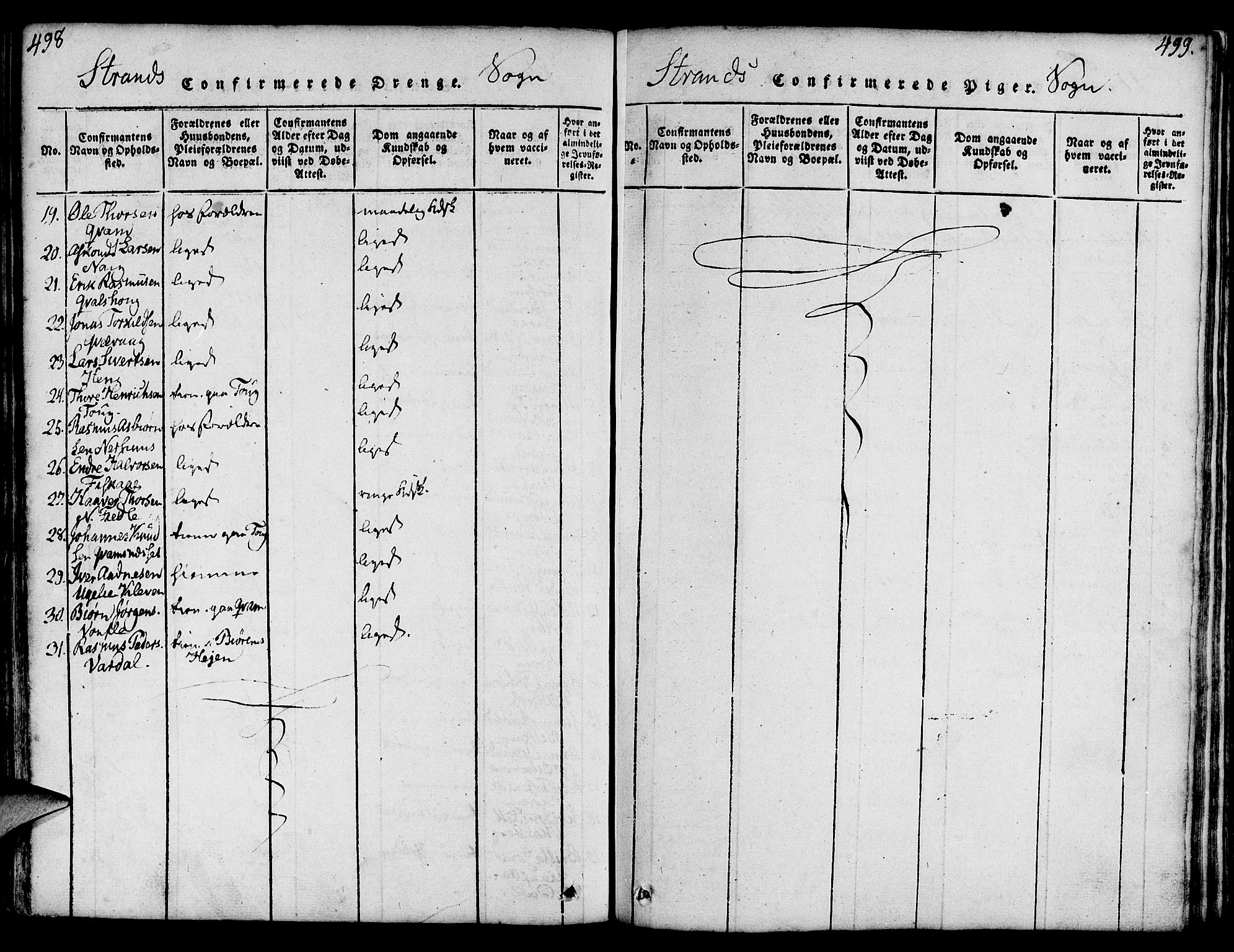 Strand sokneprestkontor, AV/SAST-A-101828/H/Ha/Haa/L0004: Parish register (official) no. A 4 /1, 1816-1833, p. 498-499