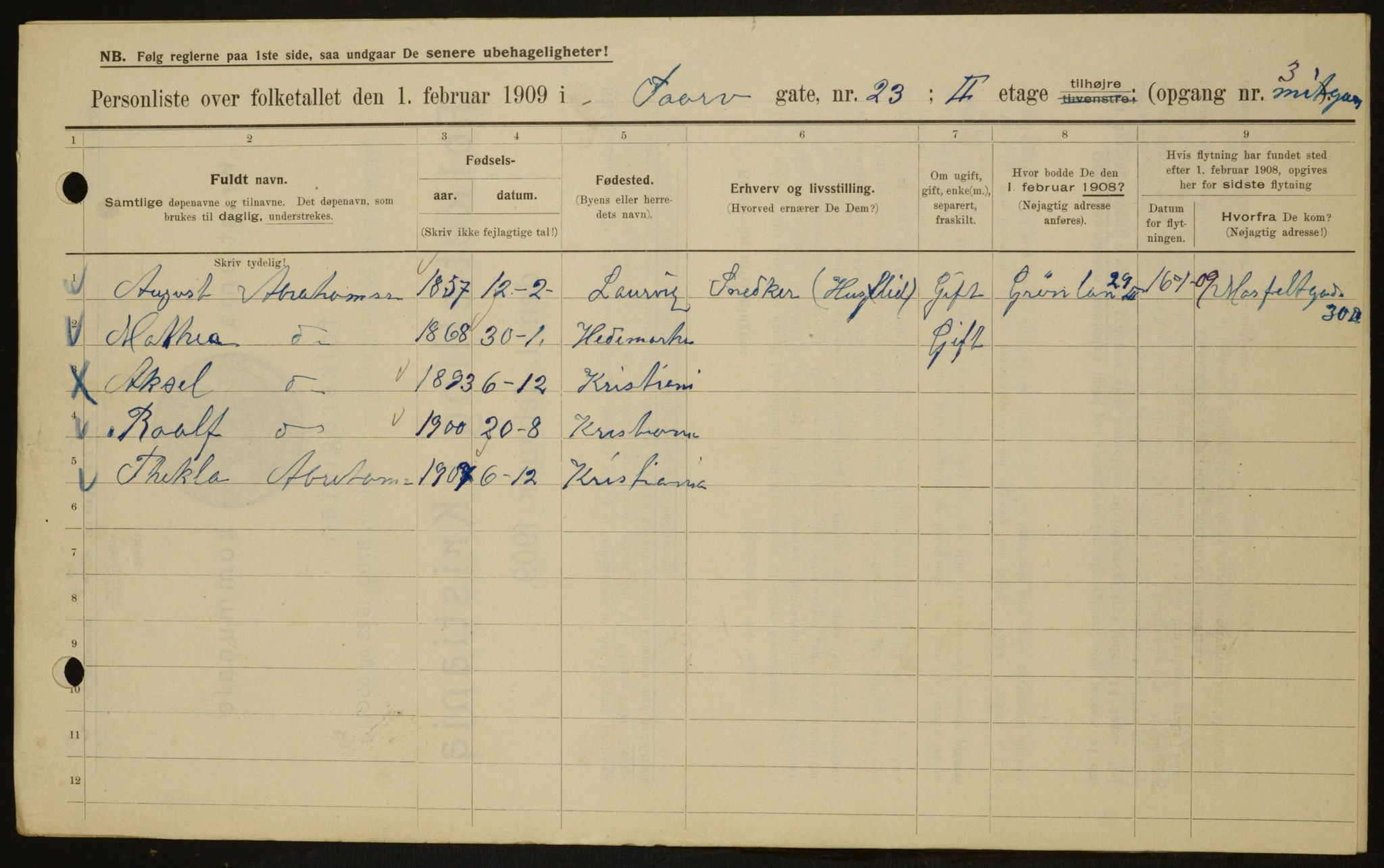 OBA, Municipal Census 1909 for Kristiania, 1909, p. 103509