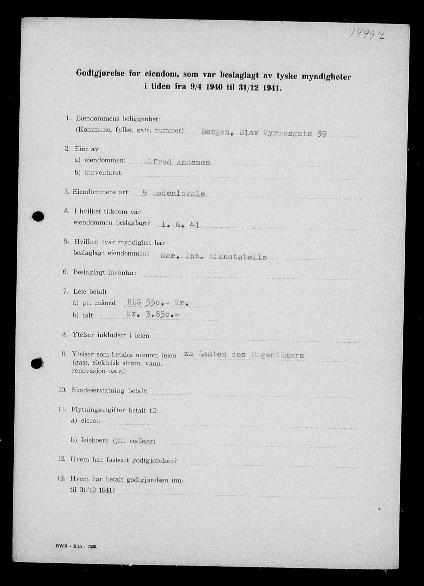 Justisdepartementet, Tilbakeføringskontoret for inndratte formuer, AV/RA-S-1564/I/L1016: Godtgjørelse for beslaglagt eiendom, 1940-1941, p. 6