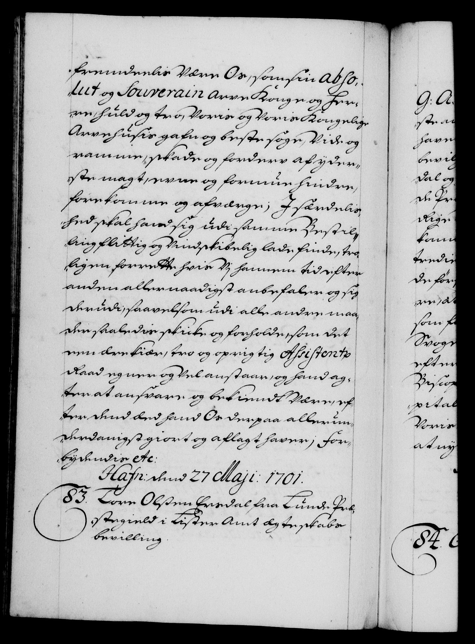 Danske Kanselli 1572-1799, RA/EA-3023/F/Fc/Fca/Fcaa/L0018: Norske registre, 1699-1703, p. 215b