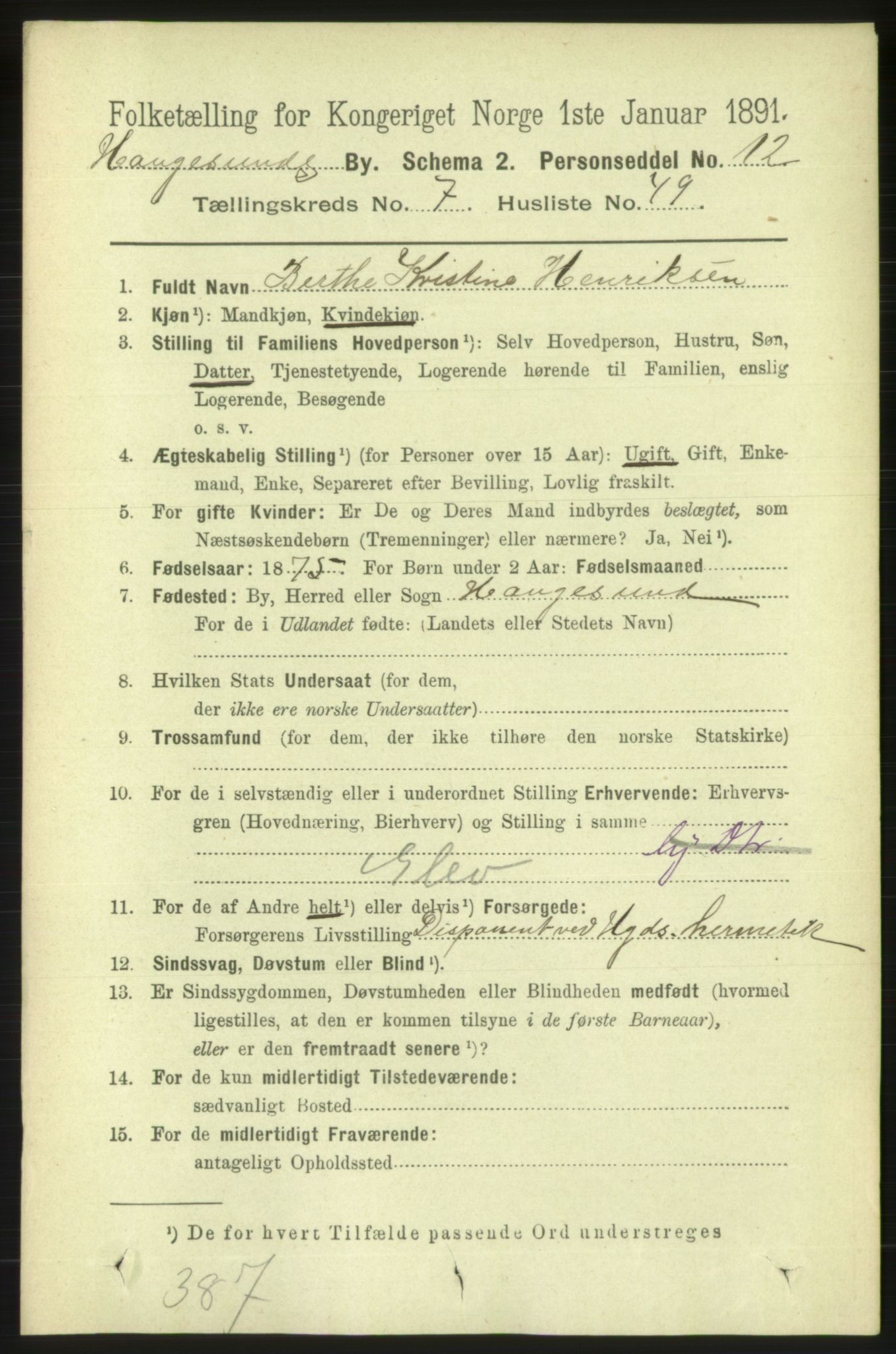 RA, 1891 census for 1106 Haugesund, 1891, p. 3685