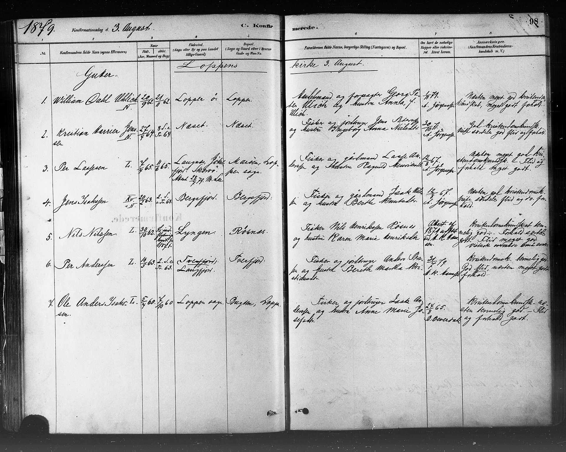 Loppa sokneprestkontor, SATØ/S-1339/H/Ha/L0006kirke: Parish register (official) no. 6, 1879-1895, p. 98