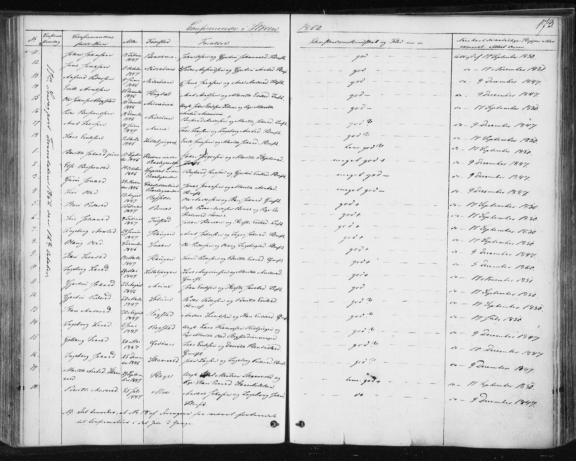 Ministerialprotokoller, klokkerbøker og fødselsregistre - Sør-Trøndelag, AV/SAT-A-1456/687/L1000: Parish register (official) no. 687A06, 1848-1869, p. 173