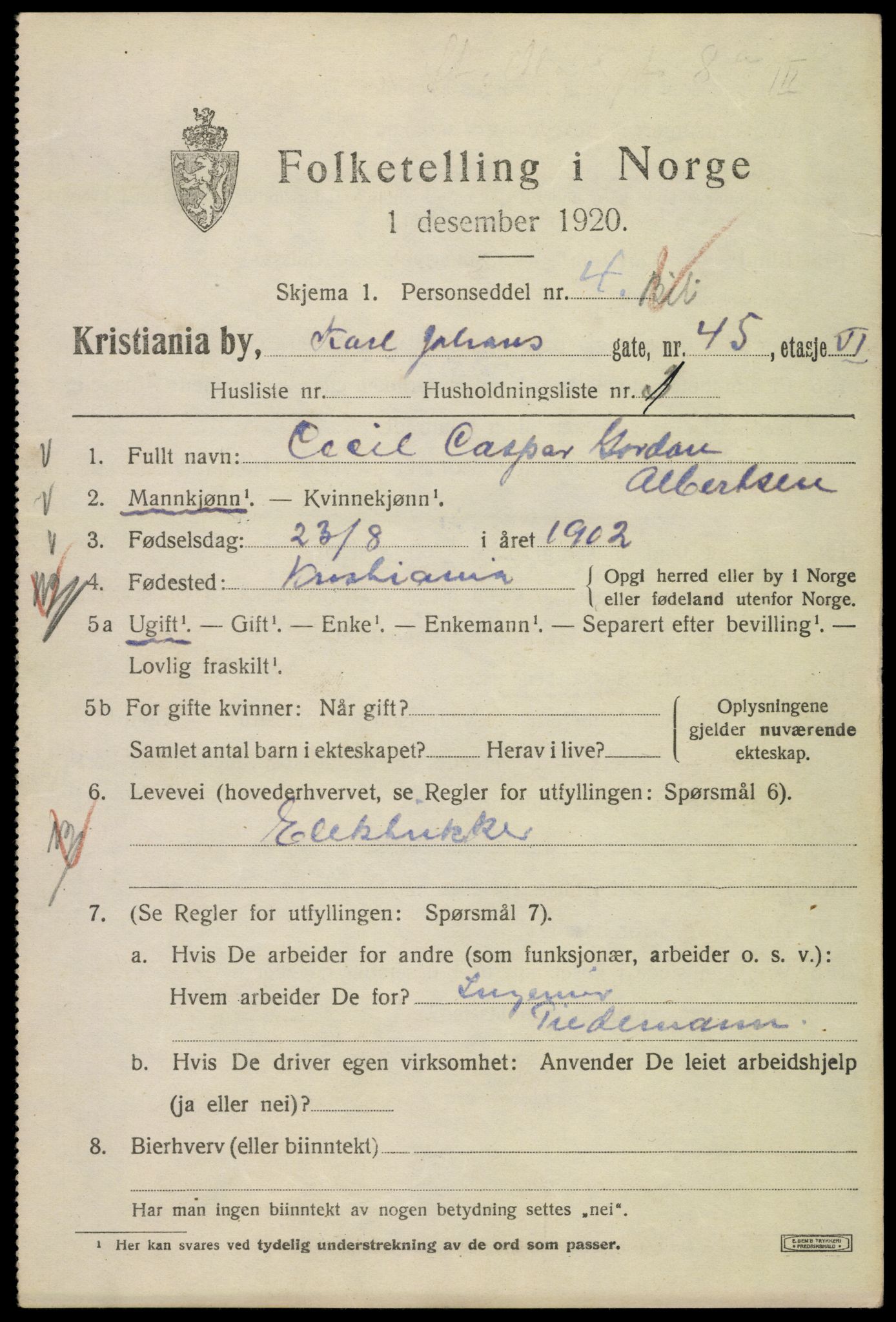 SAO, 1920 census for Kristiania, 1920, p. 328721