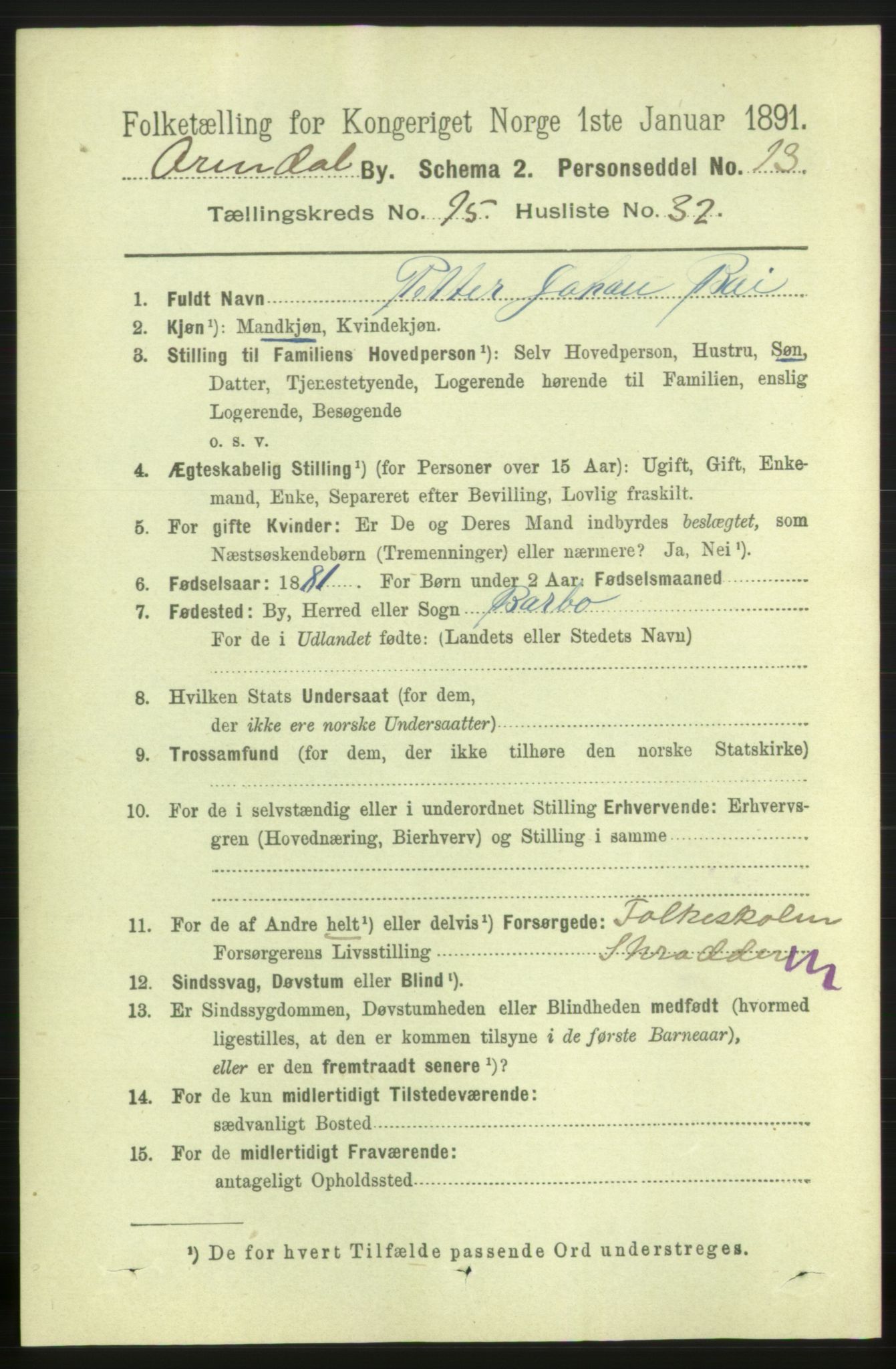 RA, 1891 census for 0903 Arendal, 1891, p. 5348