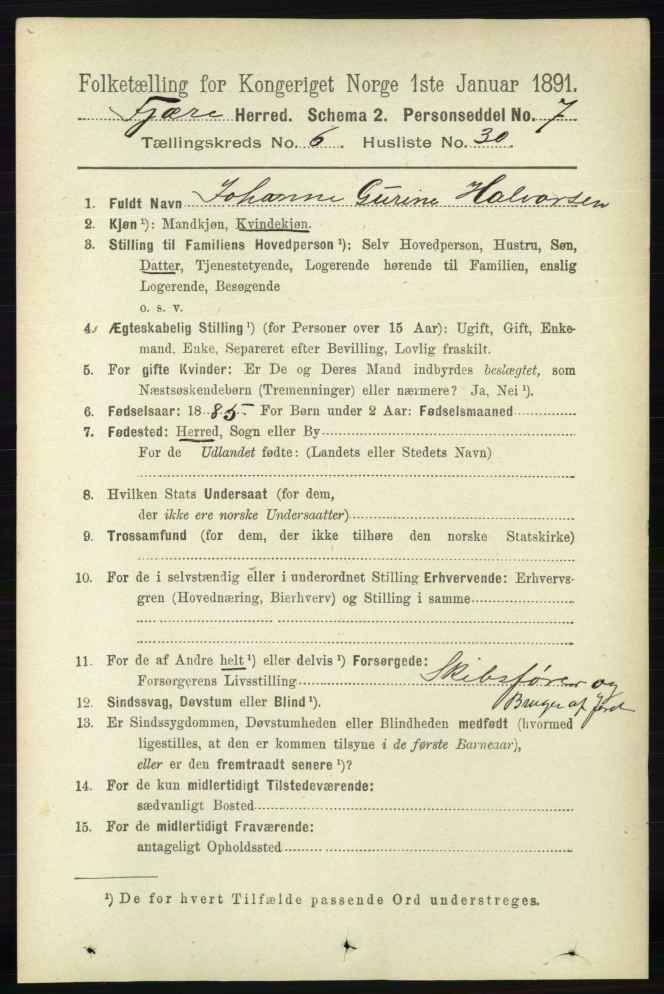 RA, 1891 census for 0923 Fjære, 1891, p. 3117