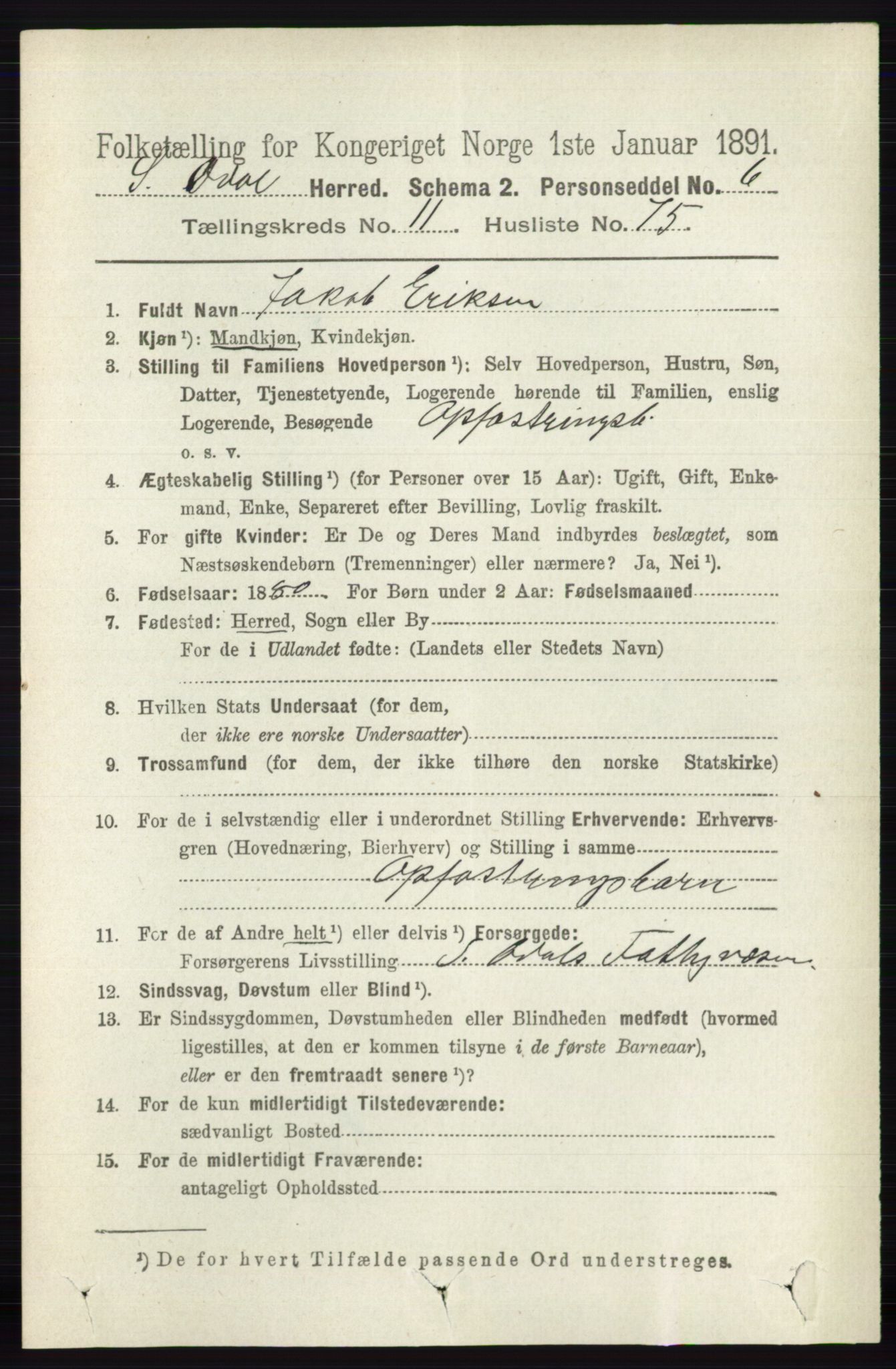 RA, 1891 census for 0419 Sør-Odal, 1891, p. 5363