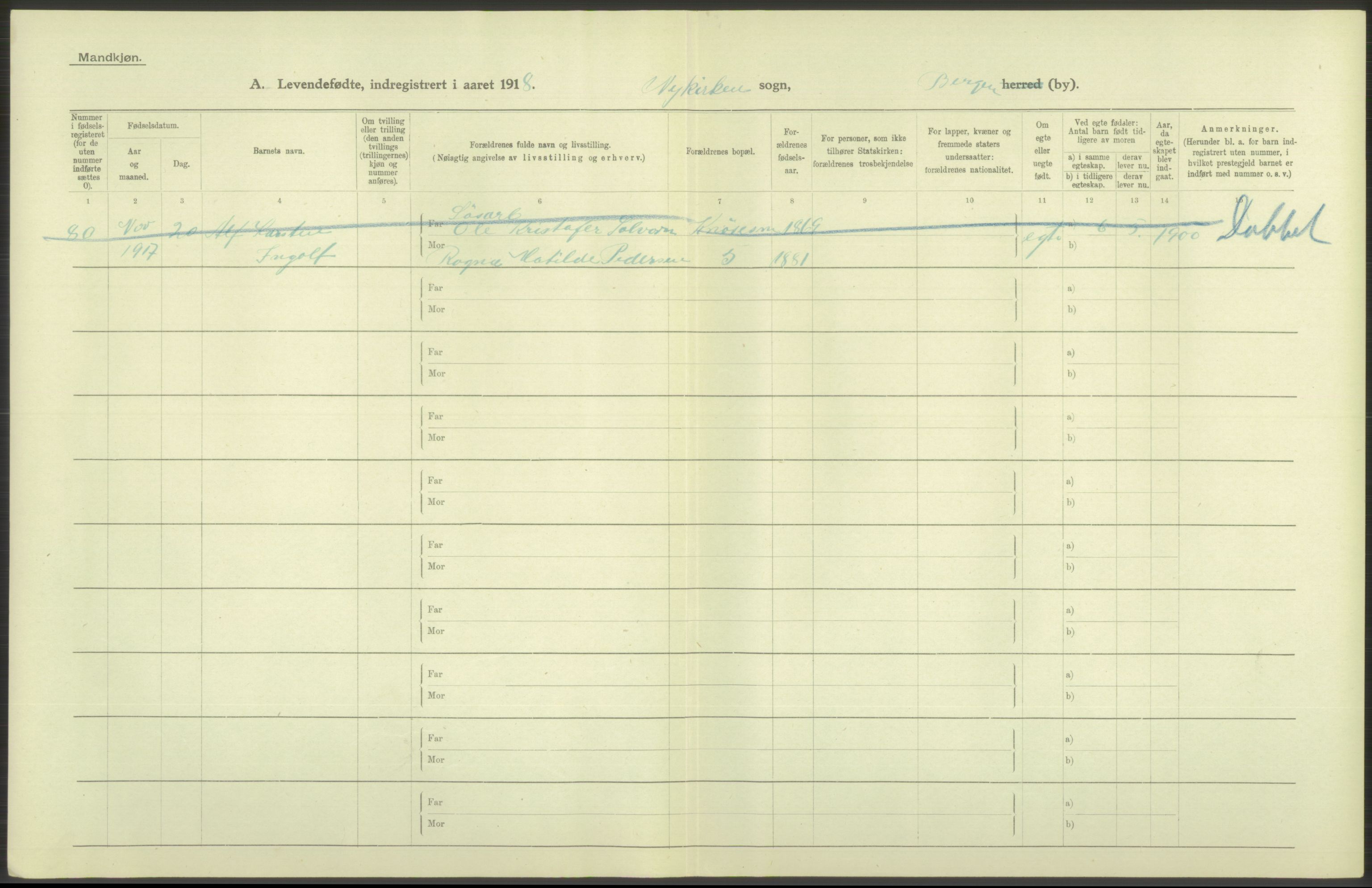 Statistisk sentralbyrå, Sosiodemografiske emner, Befolkning, AV/RA-S-2228/D/Df/Dfb/Dfbh/L0037: Bergen: Levendefødte menn og kvinner., 1918, p. 402