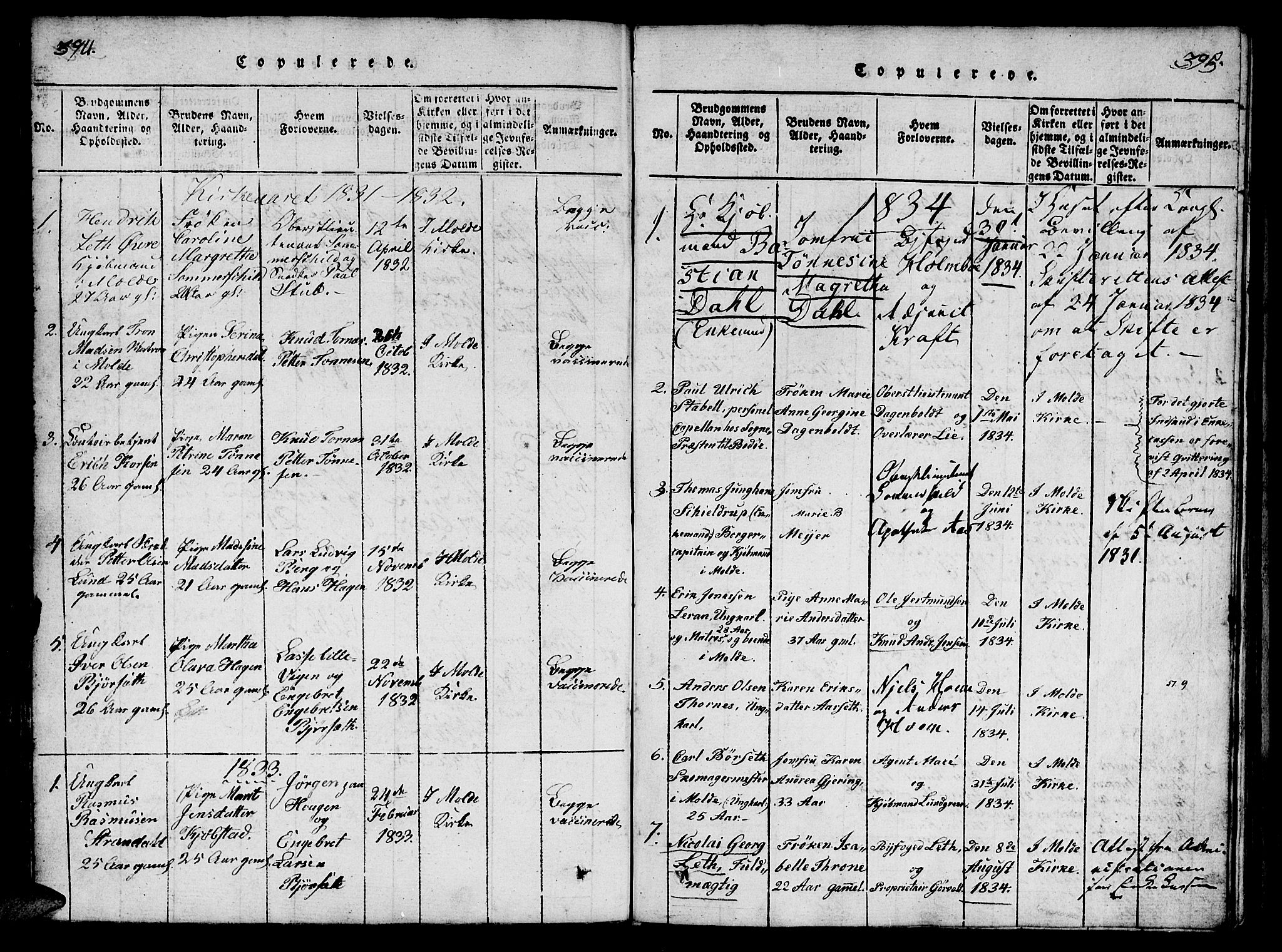 Ministerialprotokoller, klokkerbøker og fødselsregistre - Møre og Romsdal, SAT/A-1454/558/L0688: Parish register (official) no. 558A02, 1818-1843, p. 394-395