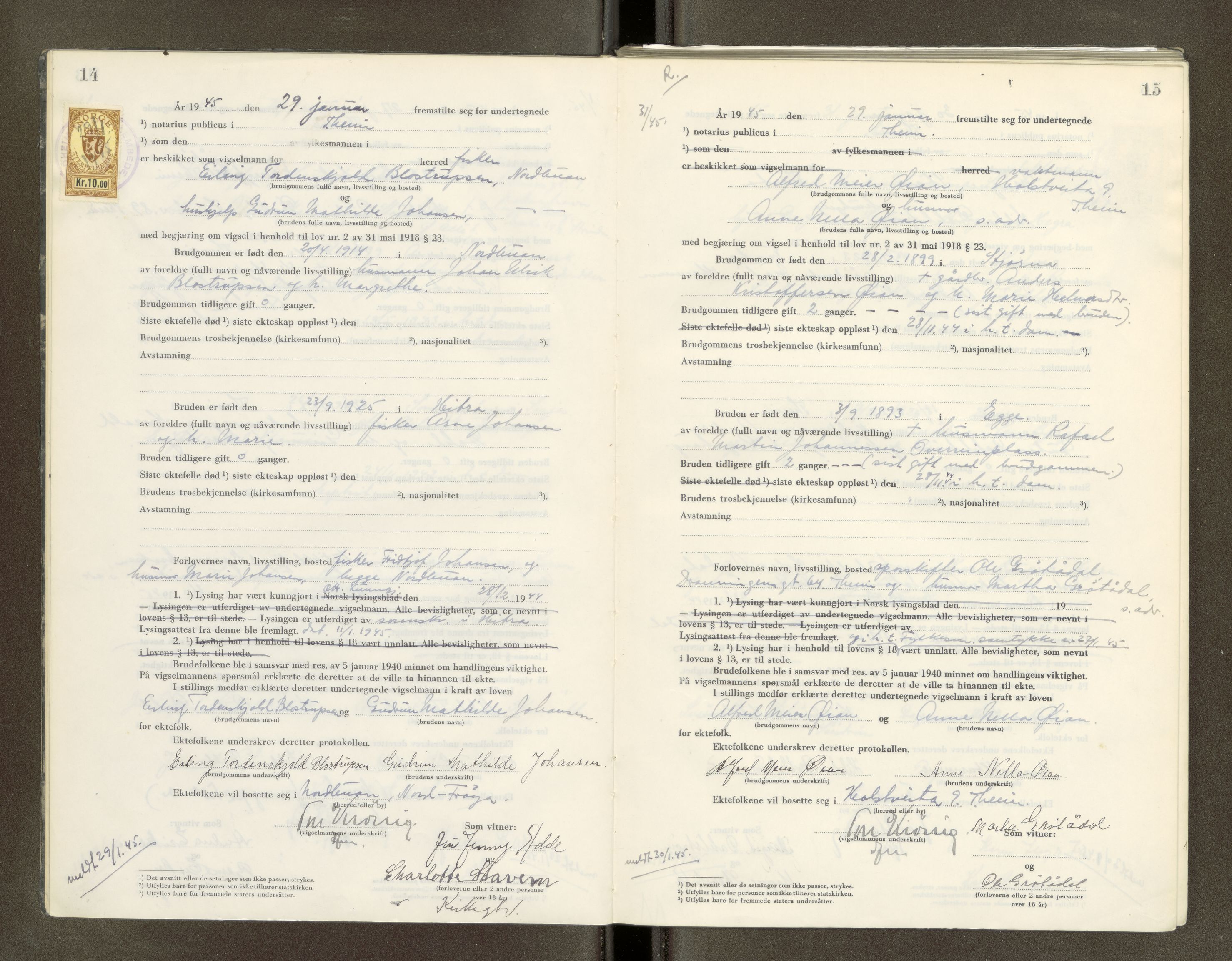 Trondheim byfogd, AV/SAT-A-0003/1/6/6D/L0005: Vigselbøker, 1944-1948, p. 14-15