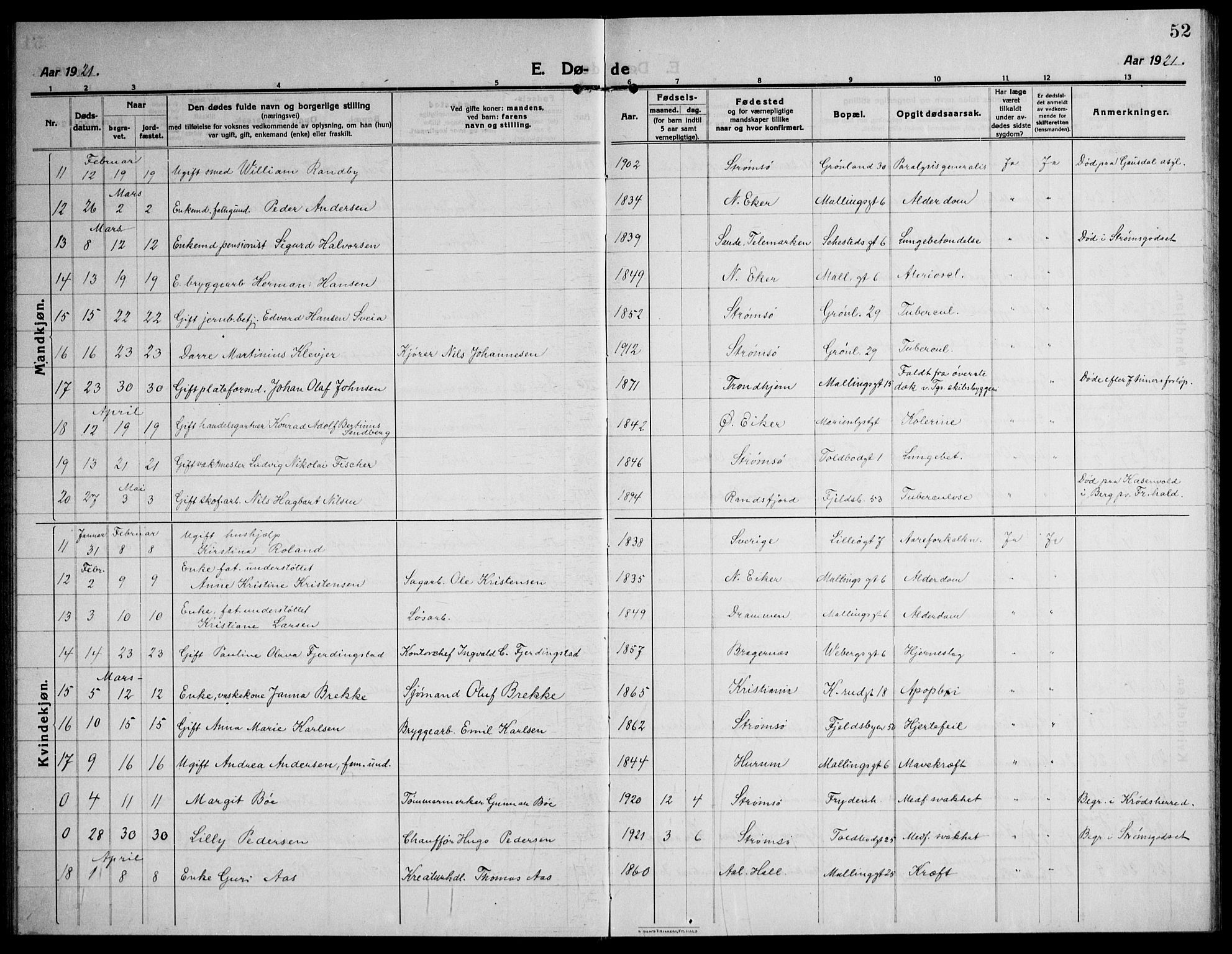 Strømsø kirkebøker, AV/SAKO-A-246/F/Fa/L0028: Parish register (official) no. I 29, 1914-1937, p. 52