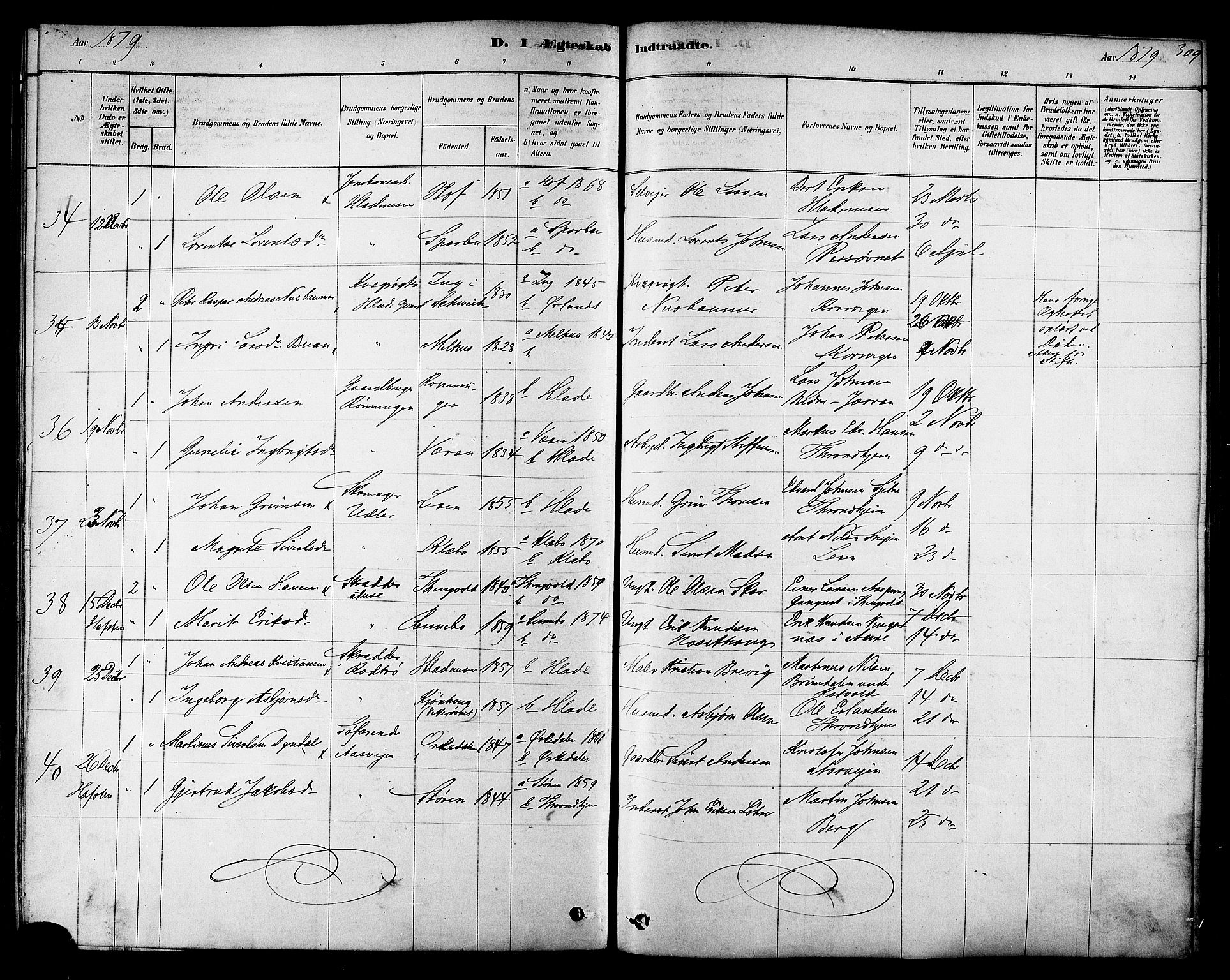 Ministerialprotokoller, klokkerbøker og fødselsregistre - Sør-Trøndelag, AV/SAT-A-1456/606/L0294: Parish register (official) no. 606A09, 1878-1886, p. 309