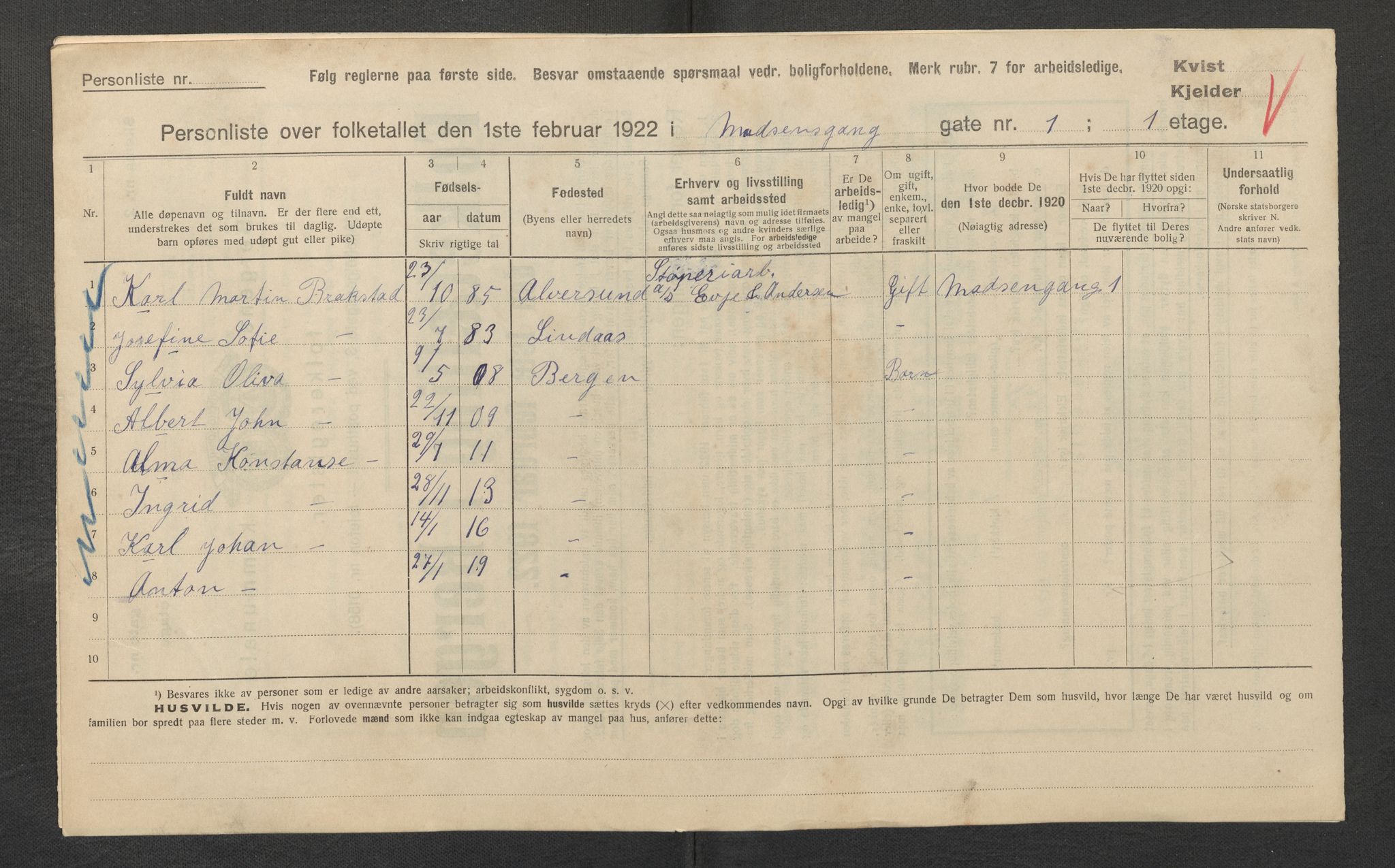 SAB, Municipal Census 1922 for Bergen, 1922, p. 23323