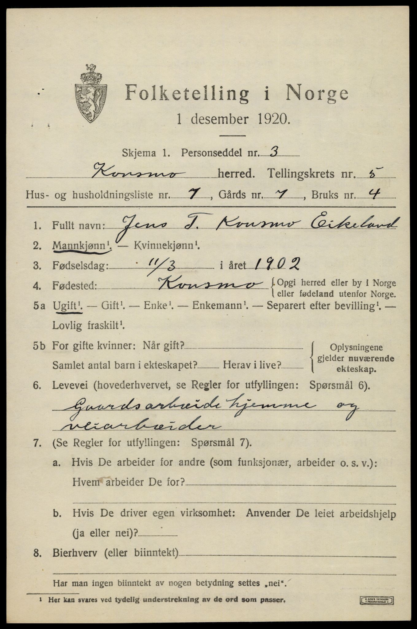 SAK, 1920 census for Konsmo, 1920, p. 1268