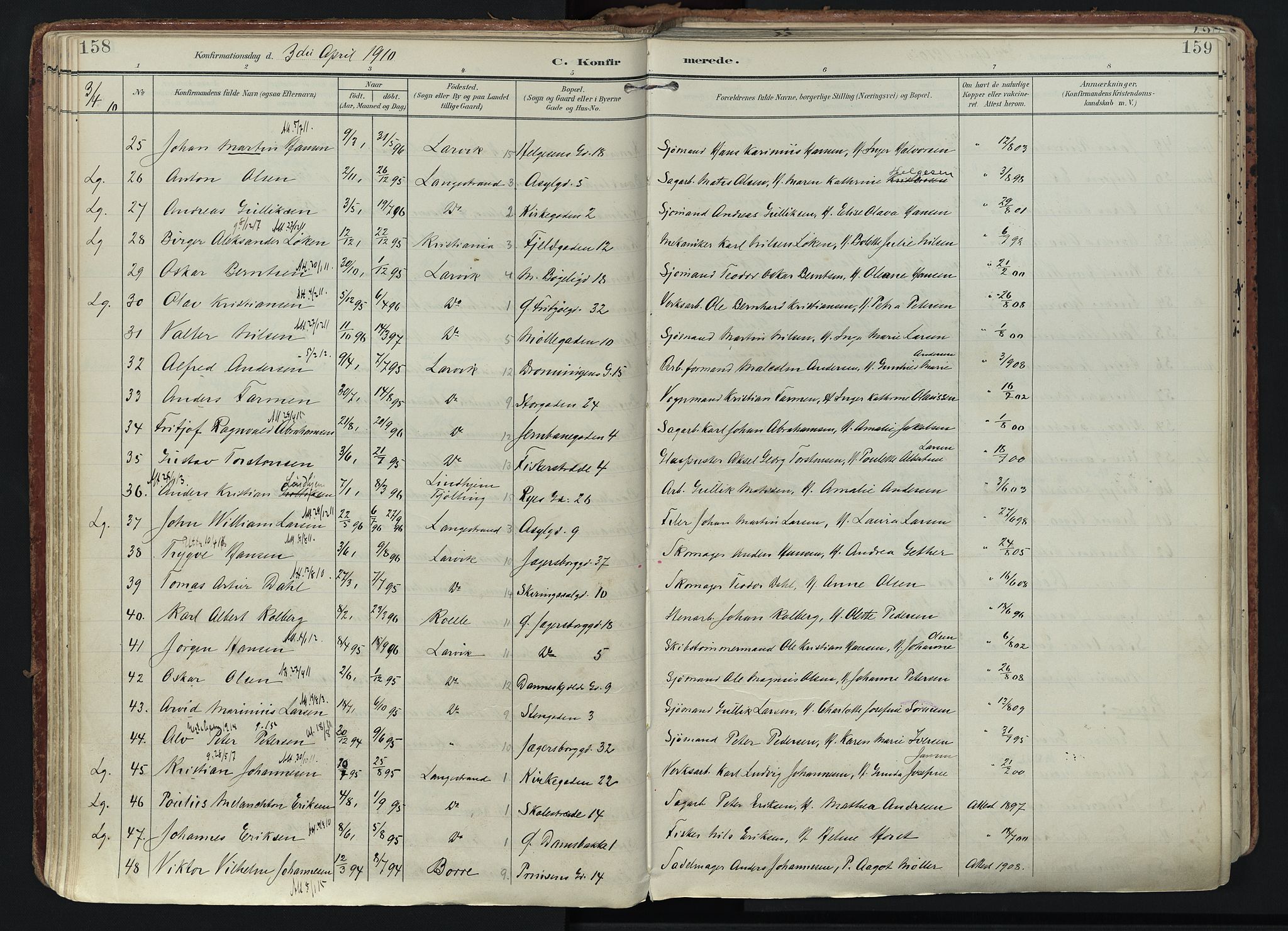 Larvik kirkebøker, SAKO/A-352/F/Fa/L0011: Parish register (official) no. I 11, 1902-1922, p. 158-159