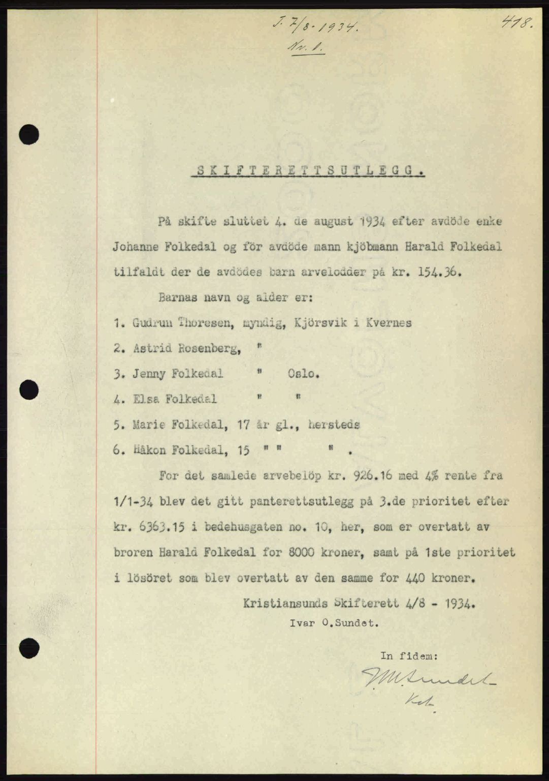 Kristiansund byfogd, AV/SAT-A-4587/A/27: Mortgage book no. 27, 1933-1934, Deed date: 07.08.1934