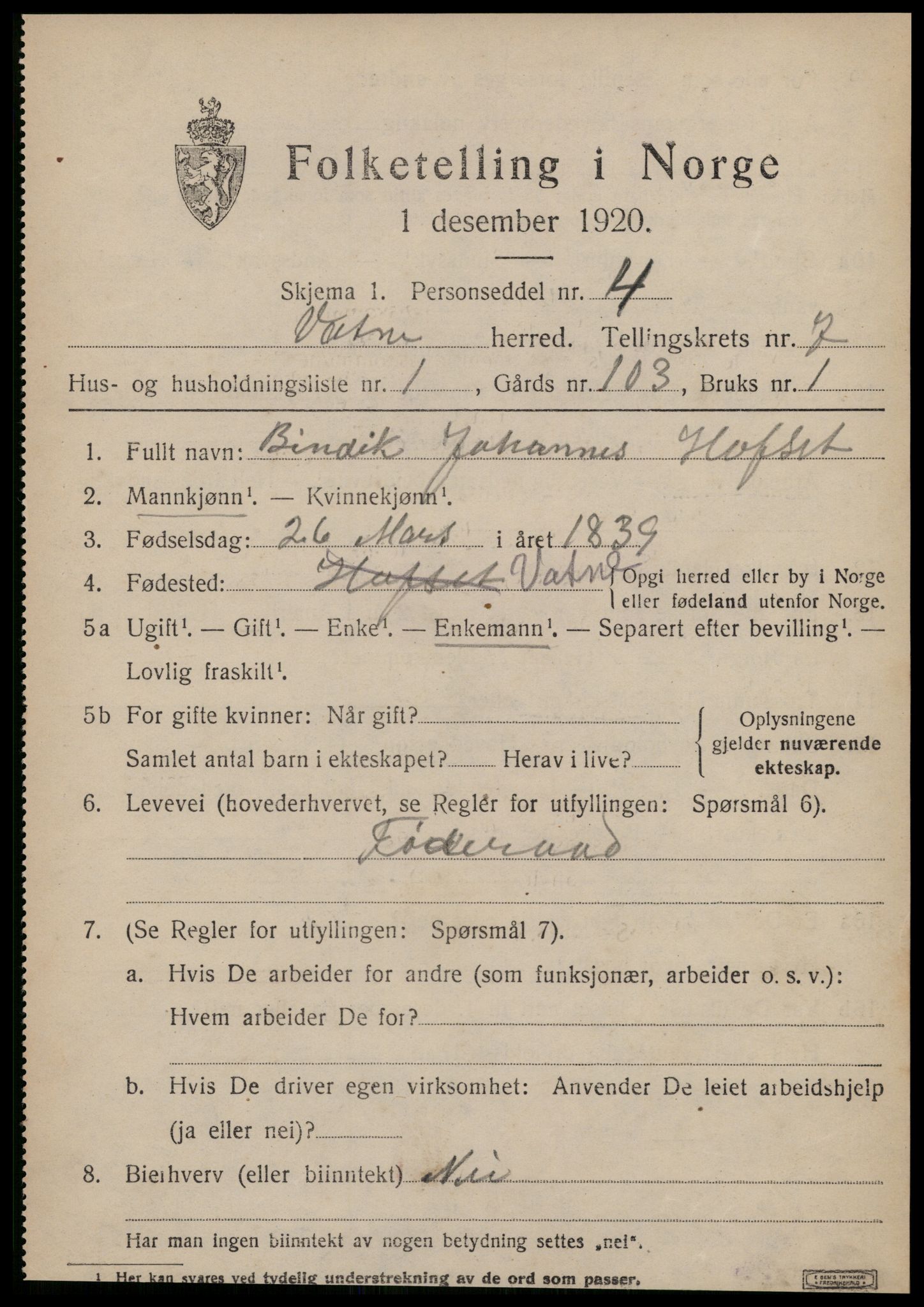 SAT, 1920 census for Vatne, 1920, p. 3130