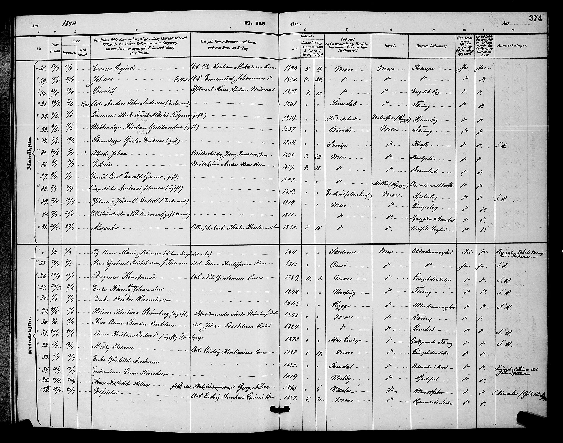 Moss prestekontor Kirkebøker, AV/SAO-A-2003/G/Ga/L0006: Parish register (copy) no. I 6, 1889-1900, p. 374