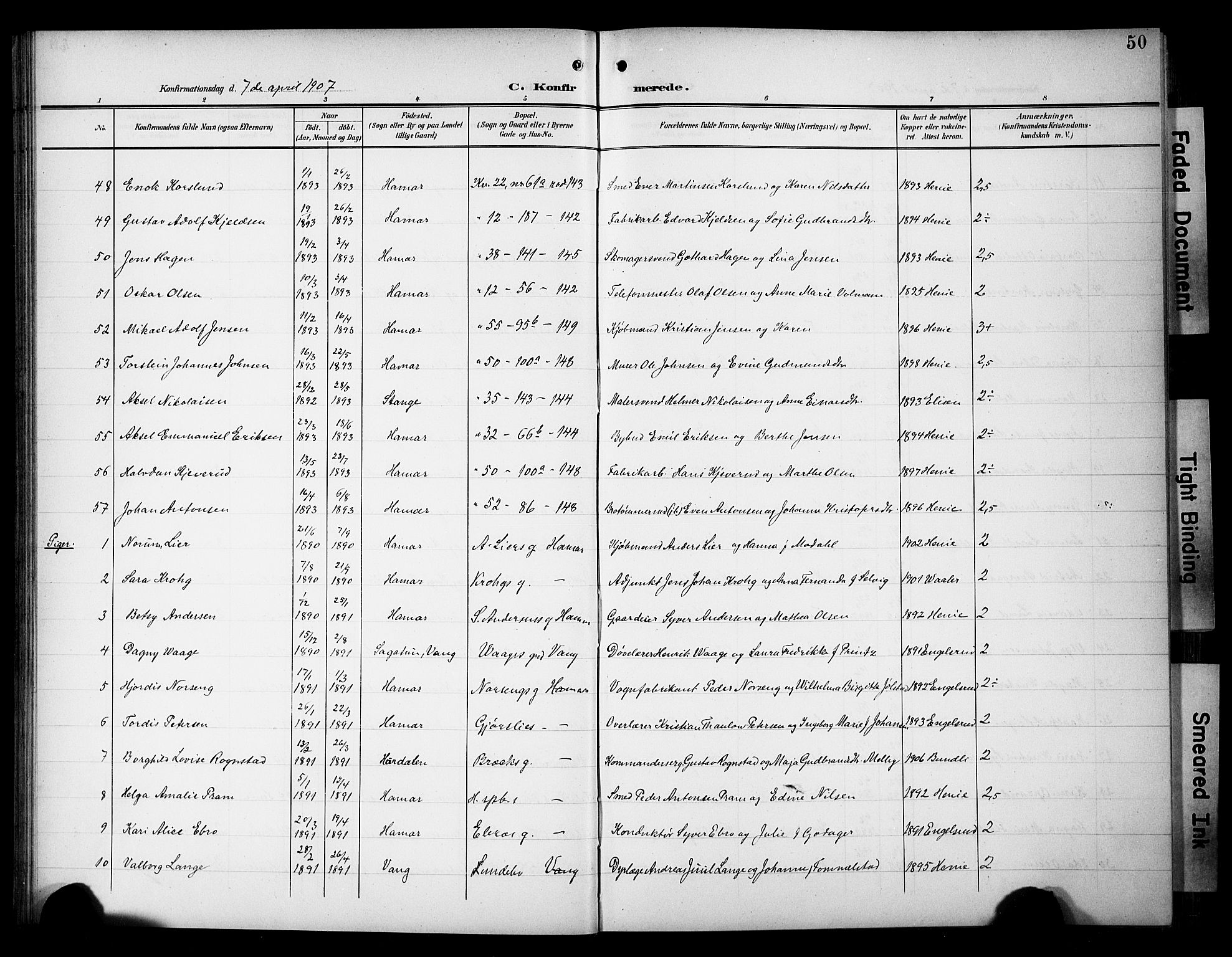 Hamar prestekontor, AV/SAH-DOMPH-002/H/Ha/Hab/L0002: Parish register (copy) no. 2, 1899-1929, p. 50