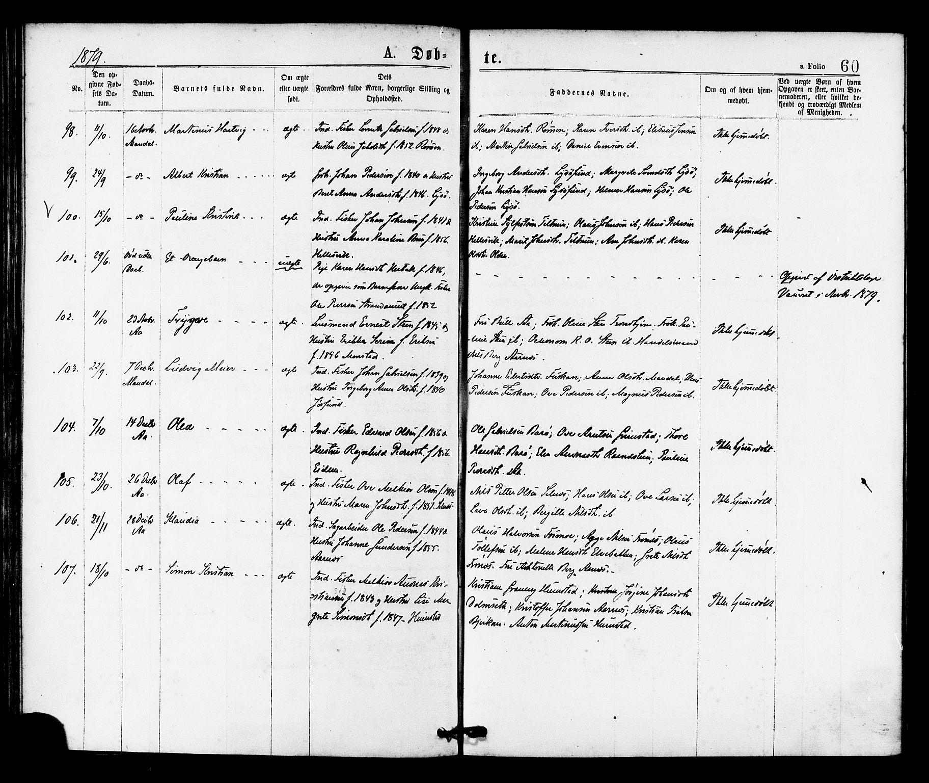 Ministerialprotokoller, klokkerbøker og fødselsregistre - Sør-Trøndelag, SAT/A-1456/655/L0679: Parish register (official) no. 655A08, 1873-1879, p. 60