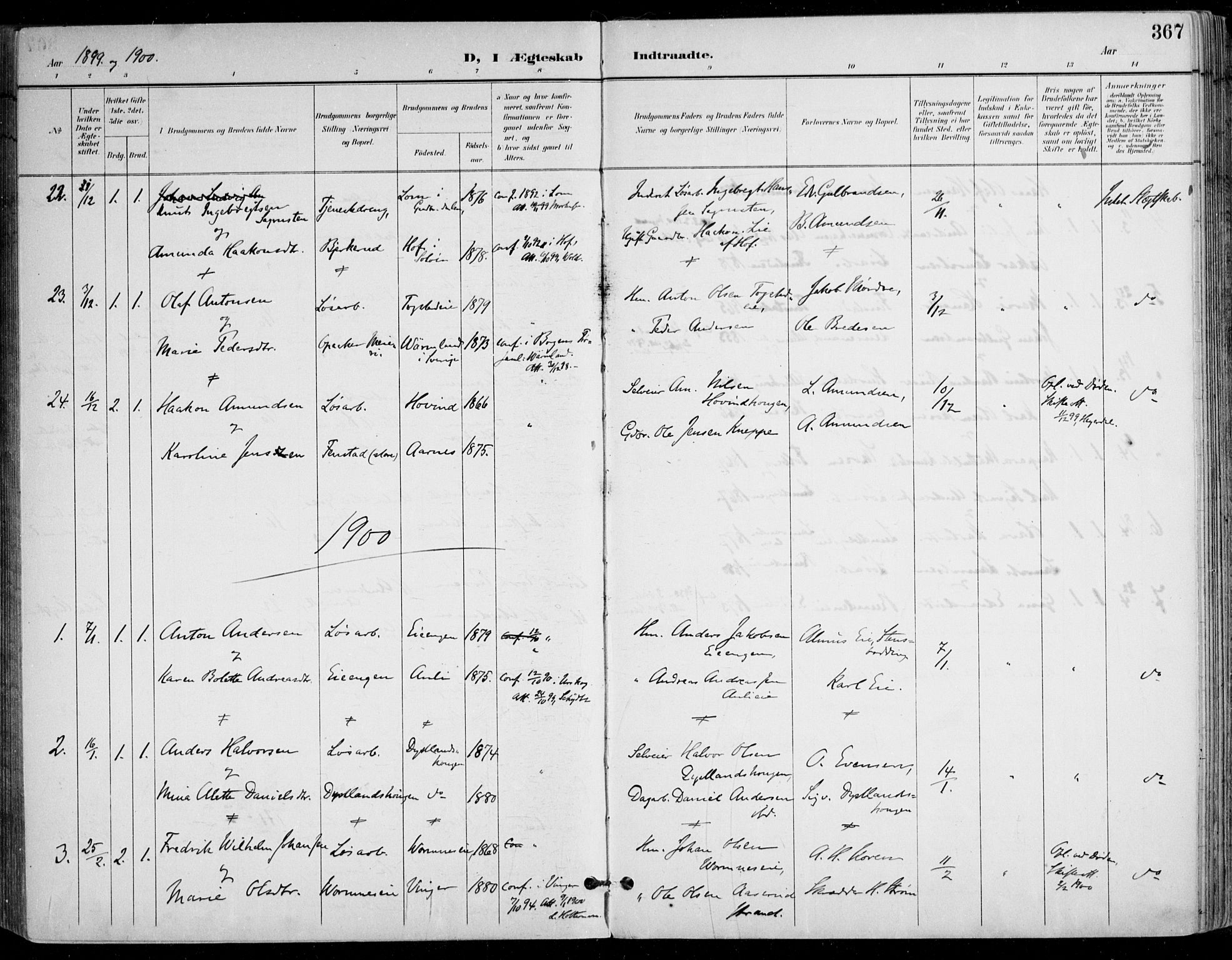 Nes prestekontor Kirkebøker, AV/SAO-A-10410/F/Fa/L0011: Parish register (official) no. I 11, 1899-1918, p. 367