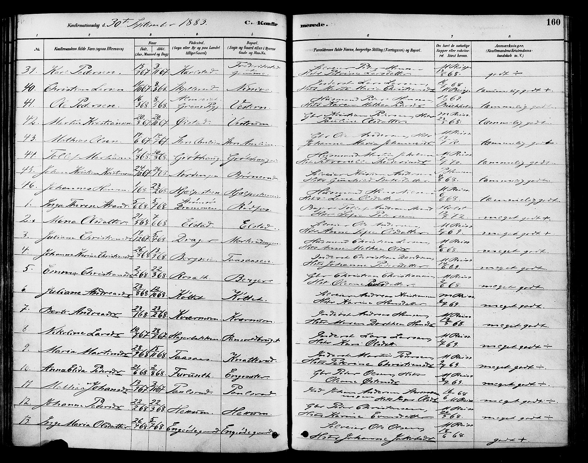 Vestre Toten prestekontor, SAH/PREST-108/H/Ha/Haa/L0009: Parish register (official) no. 9, 1878-1894, p. 160