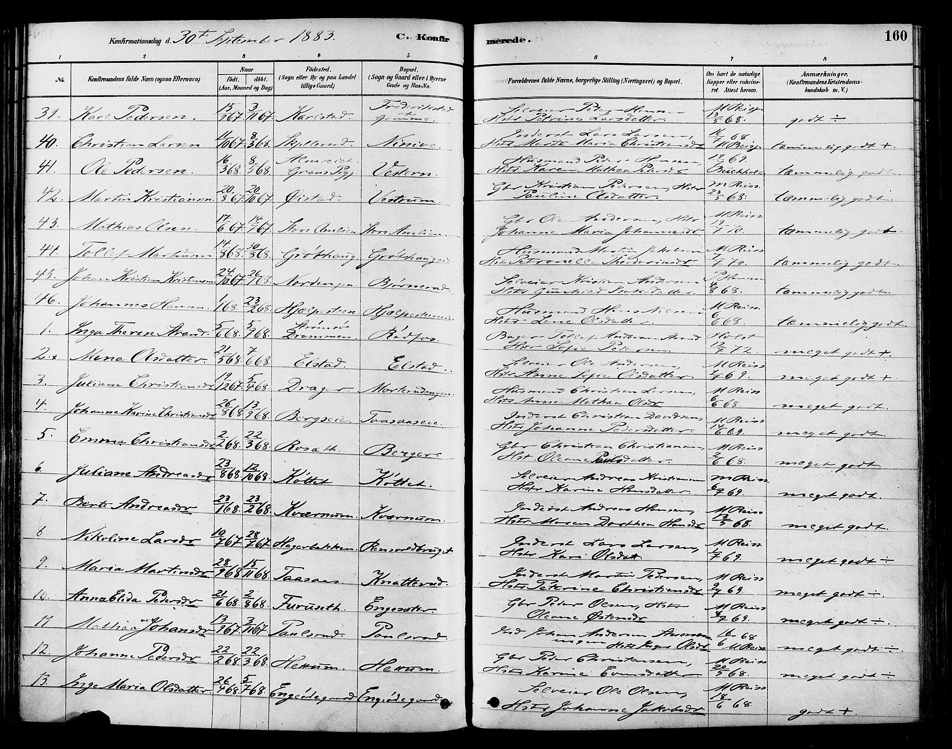 Vestre Toten prestekontor, AV/SAH-PREST-108/H/Ha/Haa/L0009: Parish register (official) no. 9, 1878-1894, p. 160