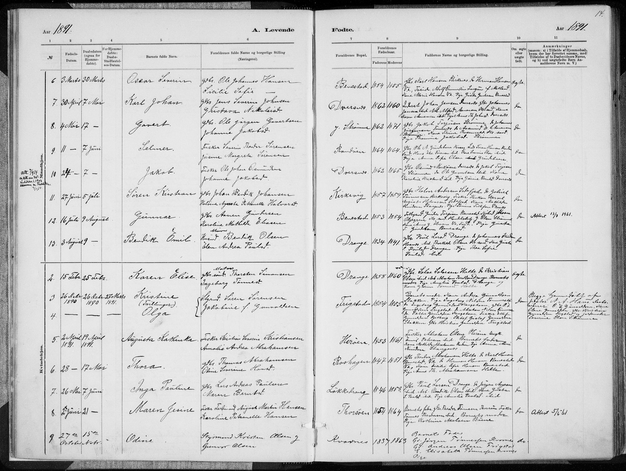 Oddernes sokneprestkontor, AV/SAK-1111-0033/F/Fa/Fab/L0002: Parish register (official) no. A 2, 1884-1903, p. 14