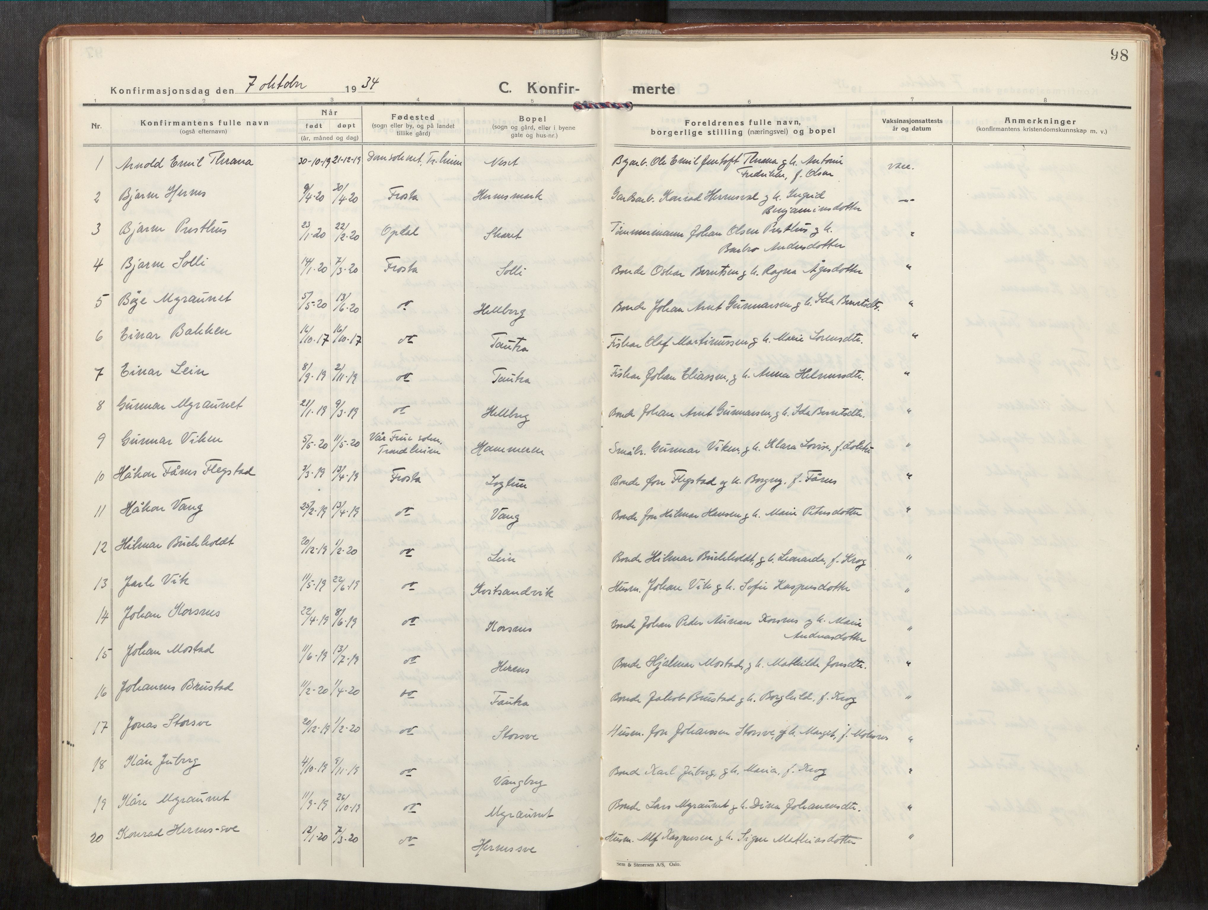 Frosta sokneprestkontor, SAT/A-4380/2/H/Haa/L0001: Parish register (official) no. 1, 1926-1934, p. 98
