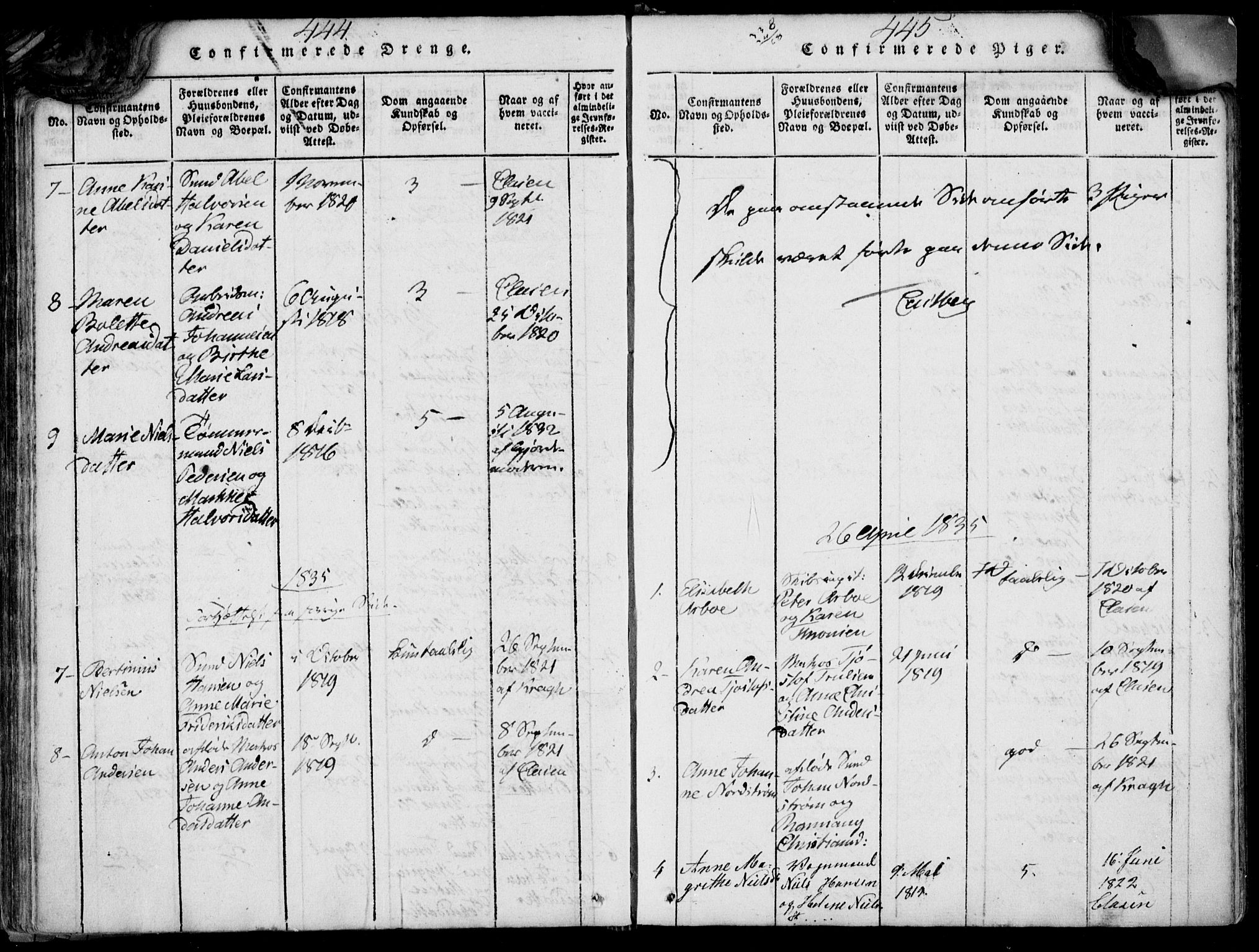 Larvik kirkebøker, AV/SAKO-A-352/F/Fb/L0002: Parish register (official) no. II 2, 1818-1842, p. 444-445