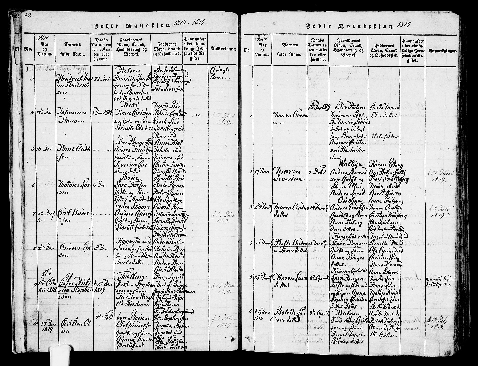 Tjølling kirkebøker, SAKO/A-60/F/Fa/L0005: Parish register (official) no. 5, 1814-1836, p. 42-43