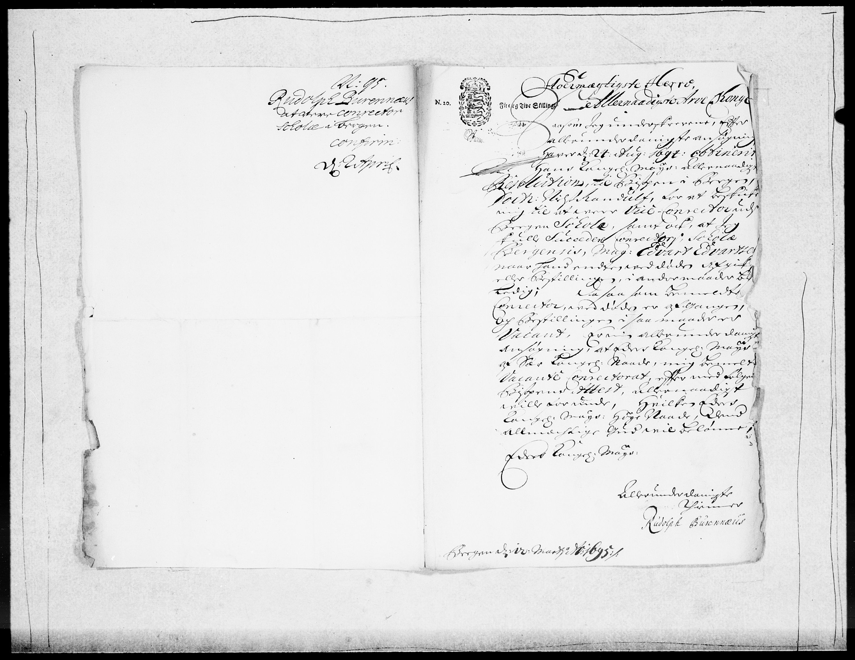 Danske Kanselli 1572-1799, RA/EA-3023/F/Fc/Fcc/Fcca/L0046: Norske innlegg 1572-1799, 1693-1695, p. 291