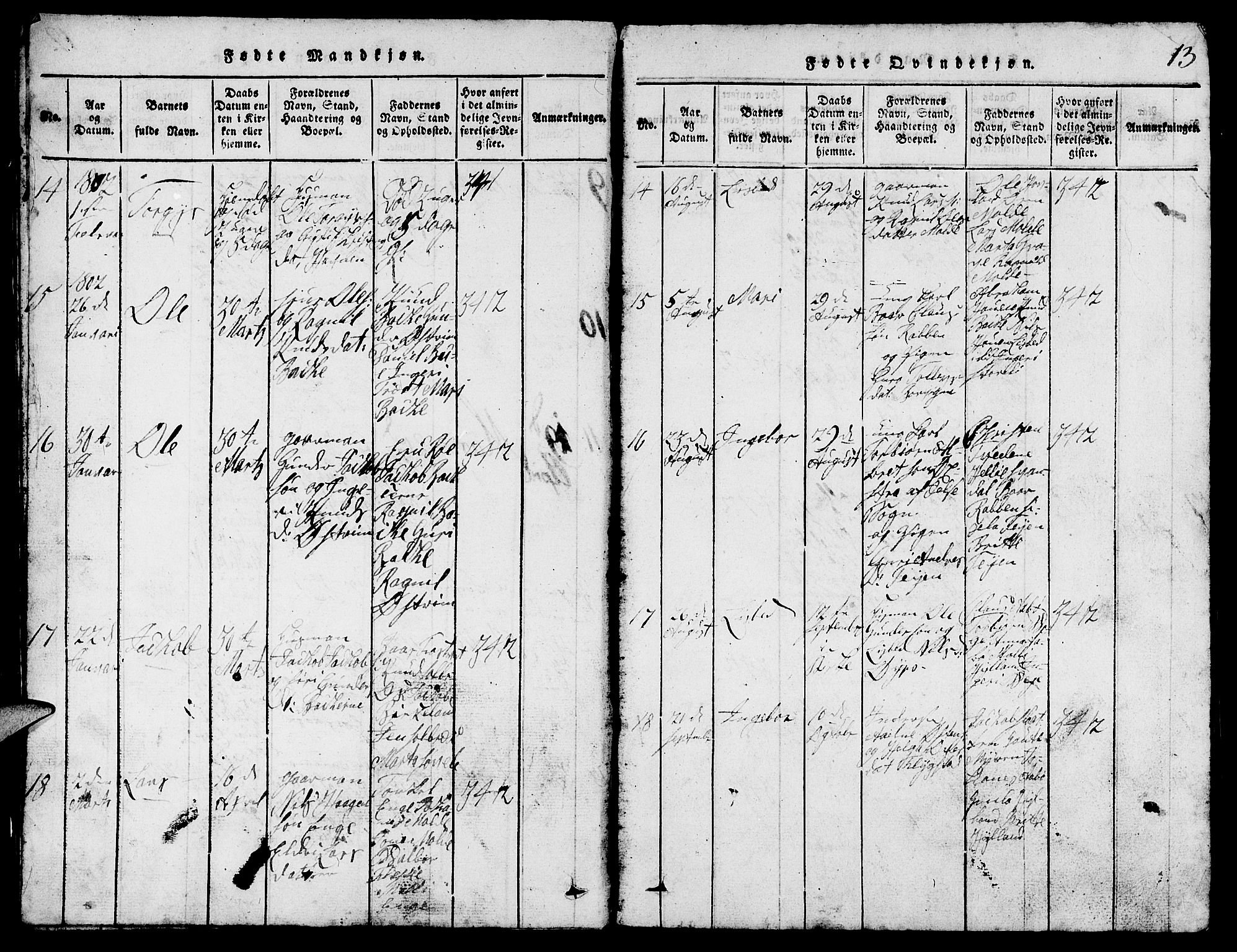 Suldal sokneprestkontor, SAST/A-101845/01/V/L0002: Parish register (copy) no. B 2, 1816-1845, p. 13