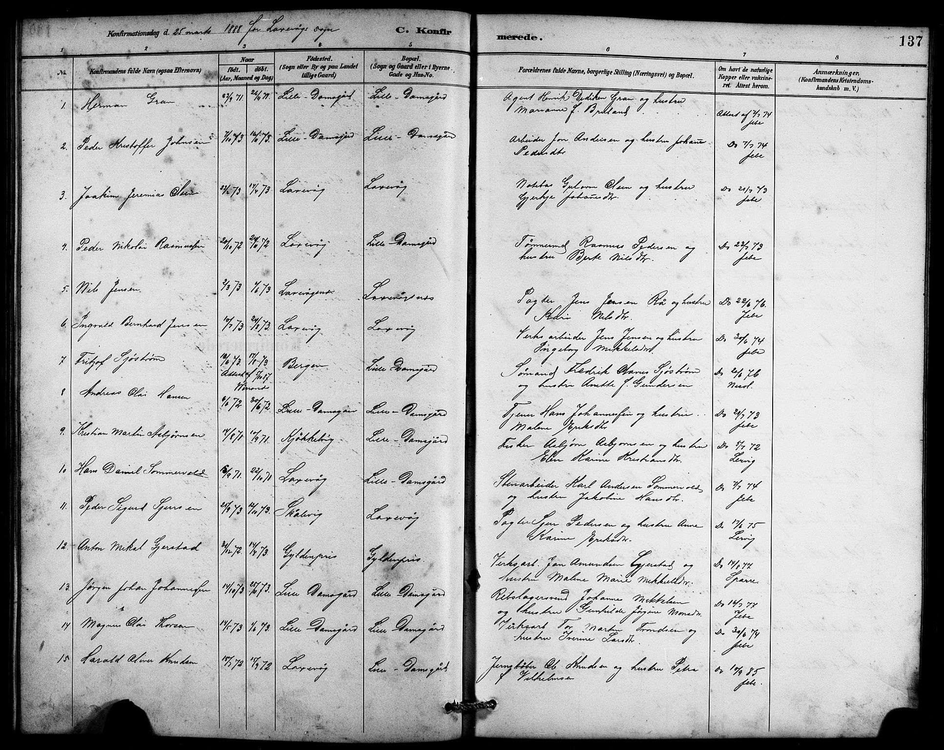 Laksevåg Sokneprestembete, SAB/A-76501/H/Ha/Hab/Haba/L0003: Parish register (copy) no. A 3, 1887-1899, p. 137