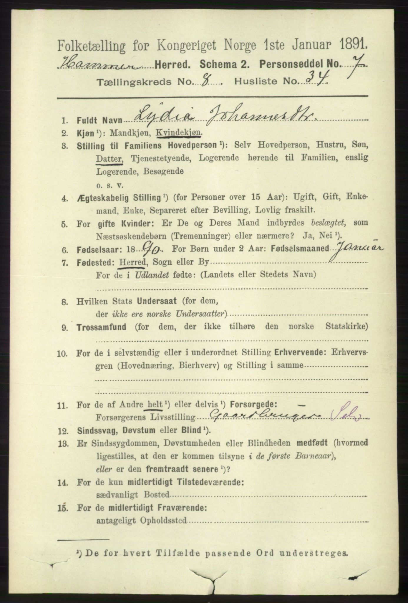 RA, 1891 census for 1254 Hamre, 1891, p. 2216