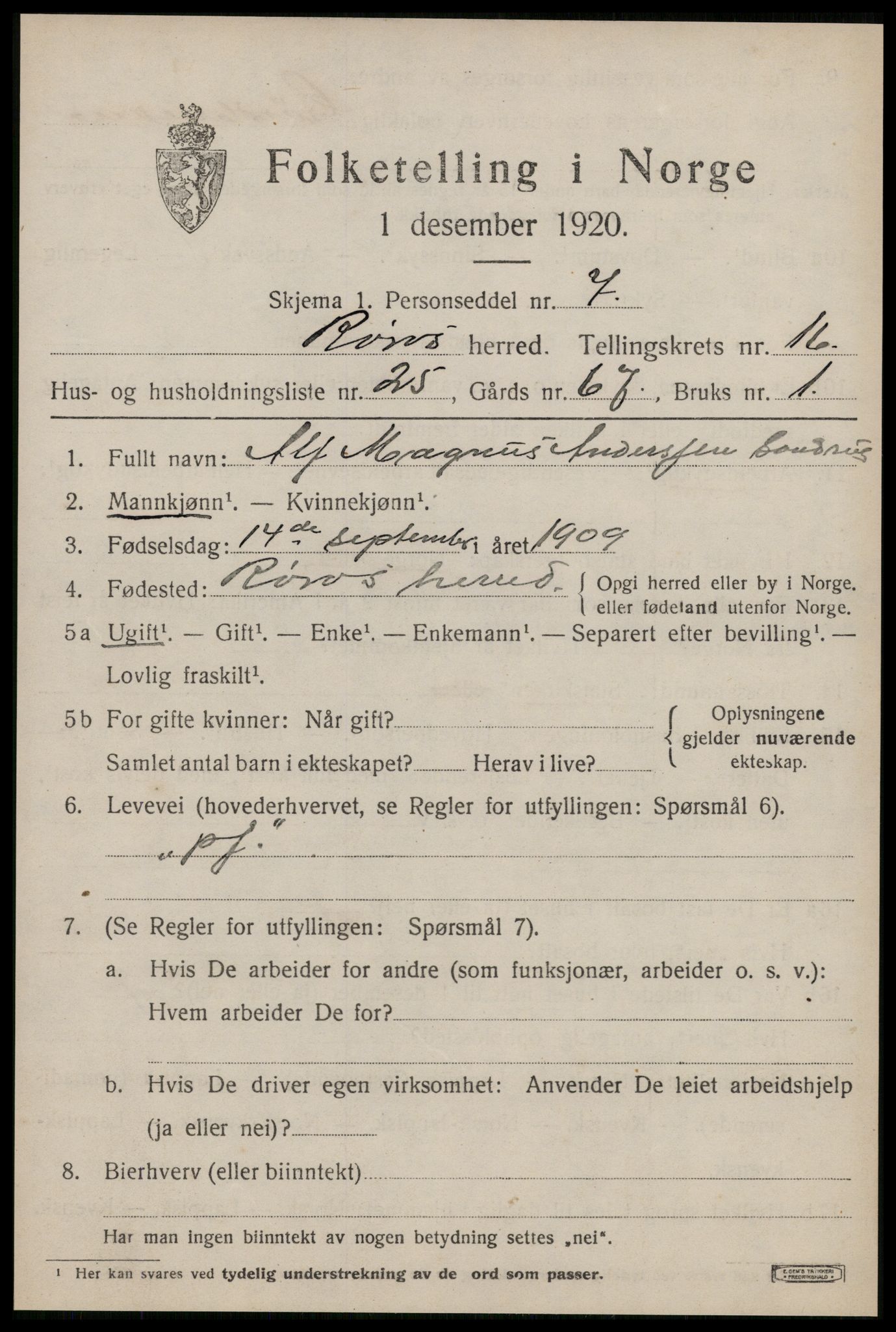 SAT, 1920 census for Røros, 1920, p. 11310