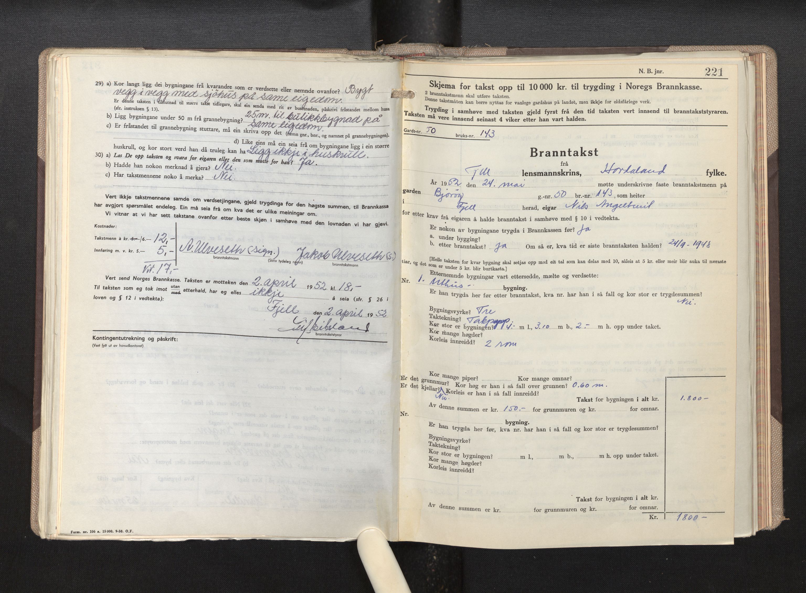 Lensmannen i Fjell, AV/SAB-A-32301/0012/L0007: Branntakstprotokoll, skjematakst, 1946-1955, p. 220-221