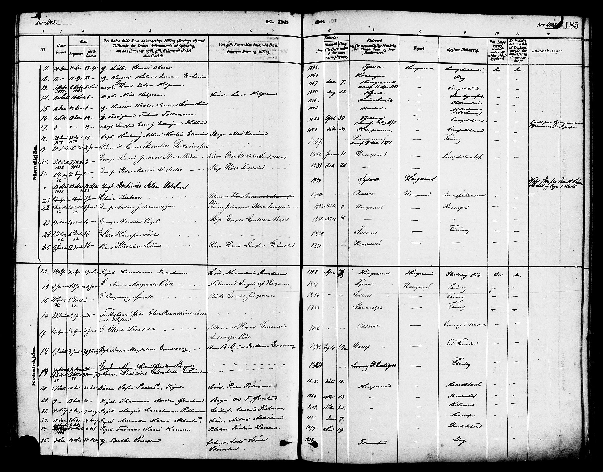 Haugesund sokneprestkontor, AV/SAST-A -101863/H/Ha/Haa/L0001: Parish register (official) no. A 1, 1878-1885, p. 185