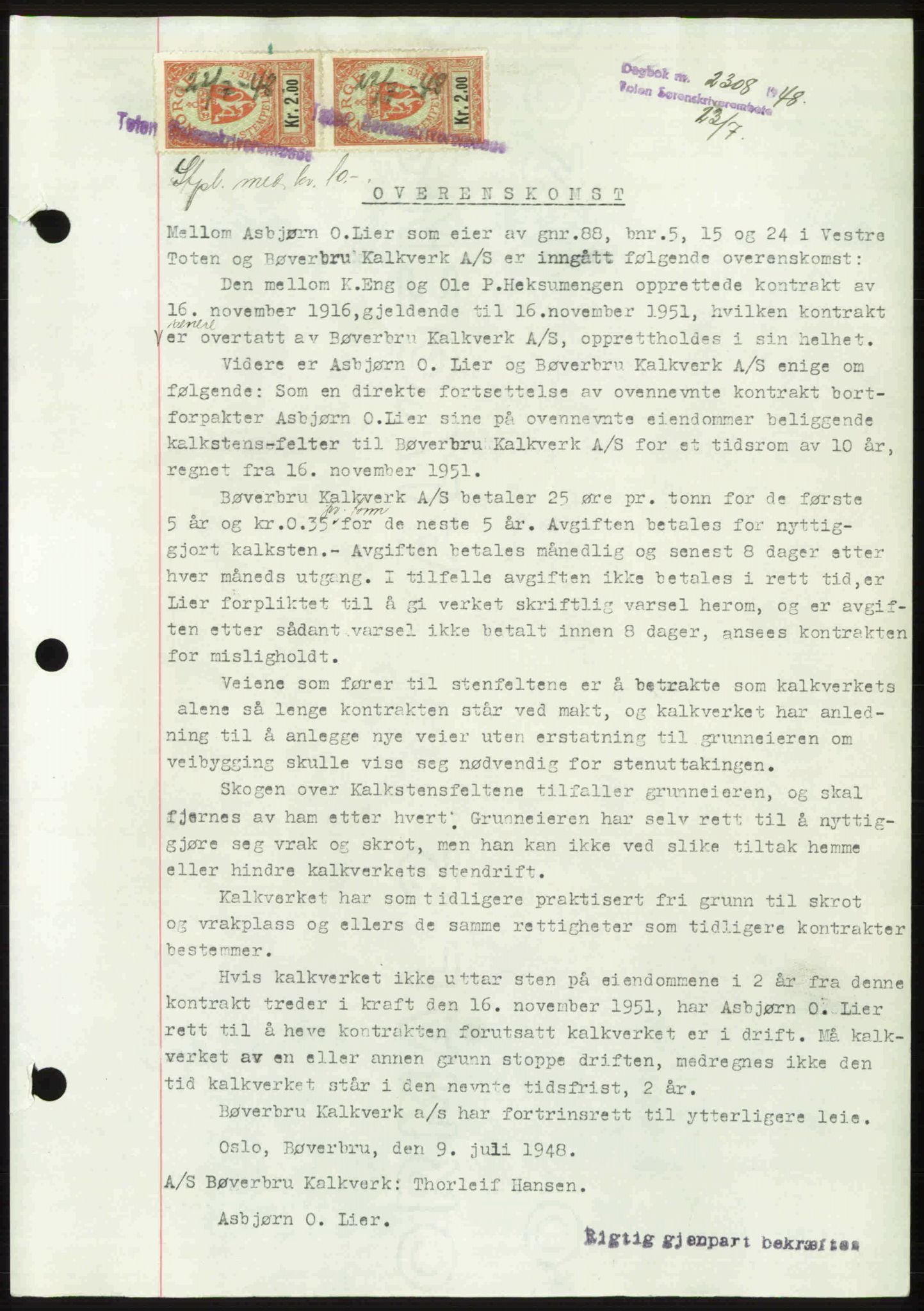 Toten tingrett, SAH/TING-006/H/Hb/Hbc/L0020: Mortgage book no. Hbc-20, 1948-1948, Diary no: : 2308/1948