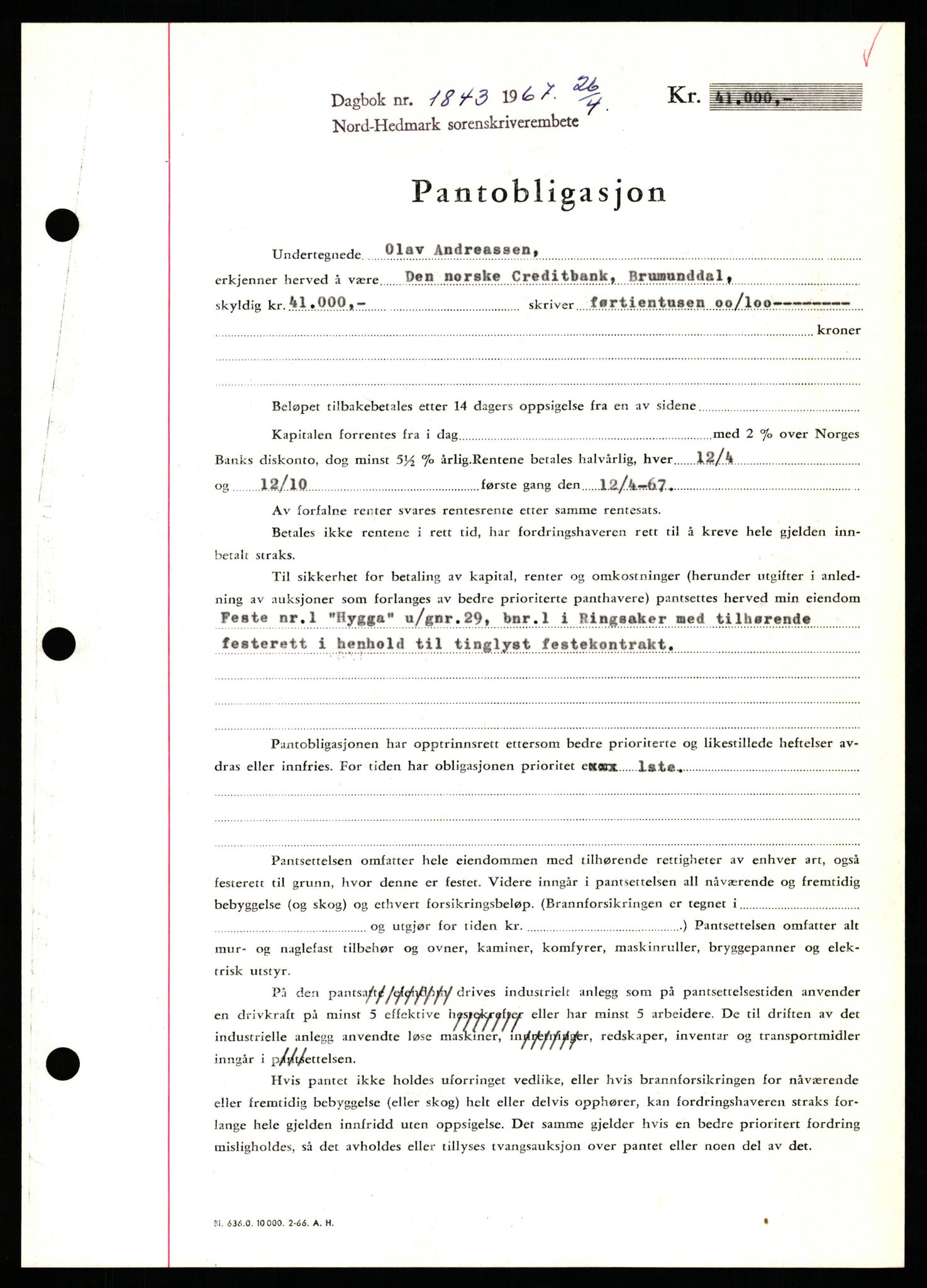 Nord-Hedmark sorenskriveri, SAH/TING-012/H/Hb/Hbf/L0071: Mortgage book no. B71, 1967-1967, Diary no: : 1843/1967