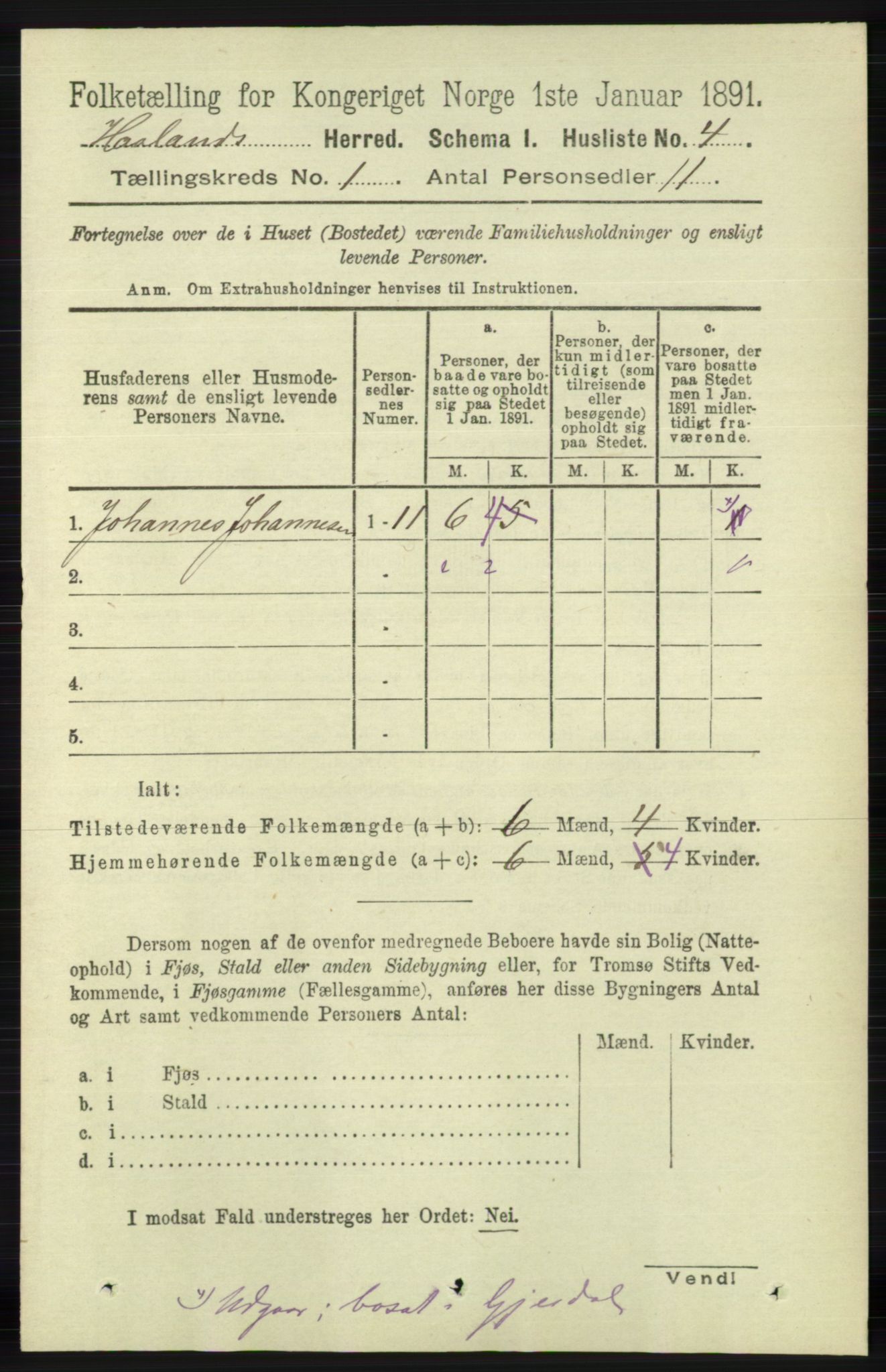 RA, 1891 census for 1124 Haaland, 1891, p. 27