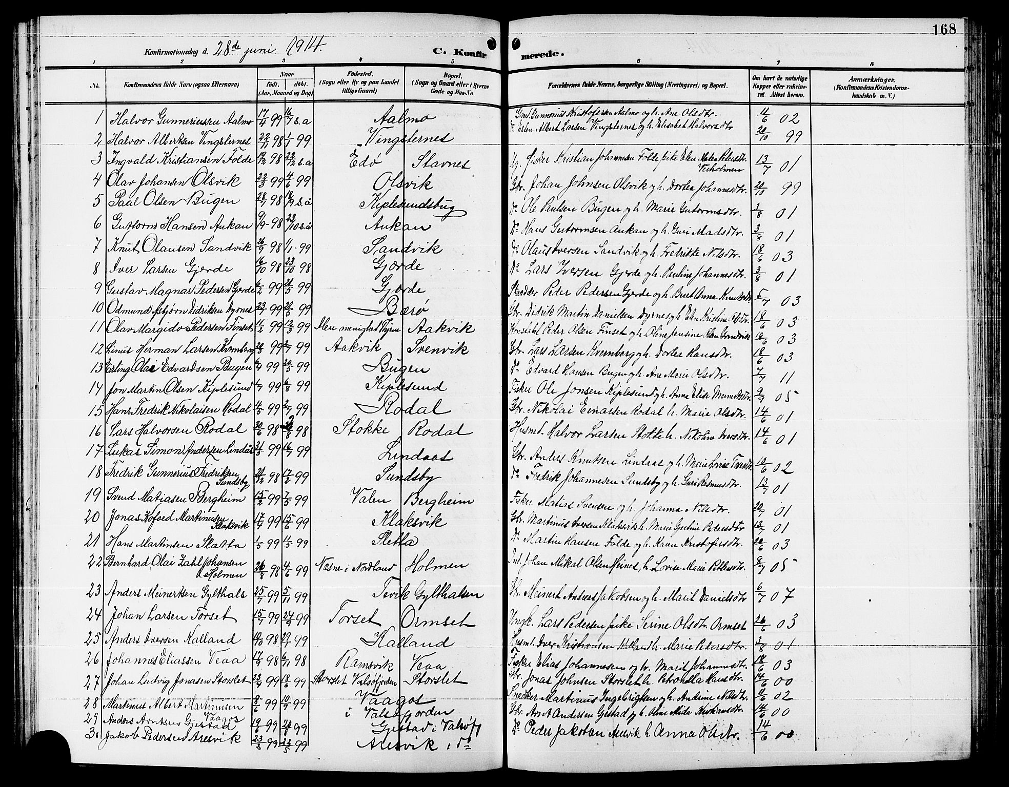 Ministerialprotokoller, klokkerbøker og fødselsregistre - Møre og Romsdal, AV/SAT-A-1454/578/L0910: Parish register (copy) no. 578C03, 1900-1921, p. 168